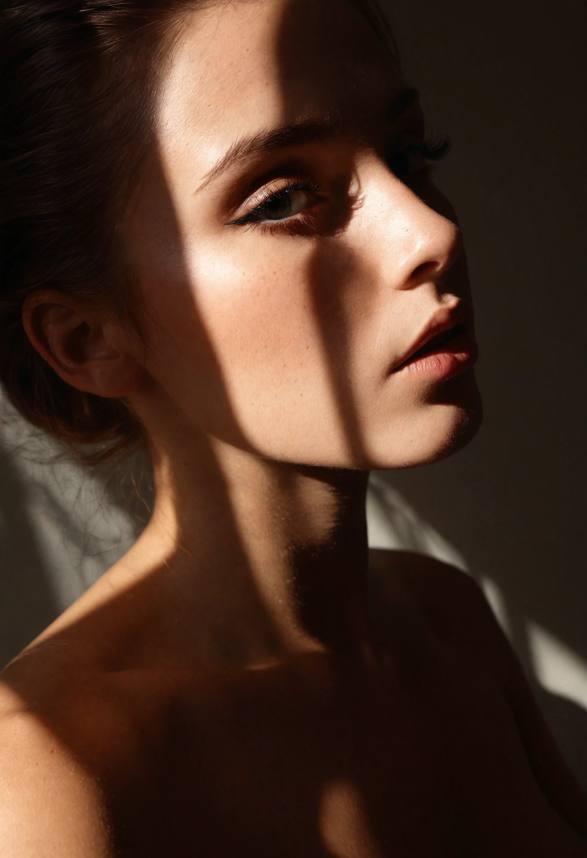 Stunning portrait photography, exquisite creative shadow play, alluring young woman, flawless complexion, captivating features, face & neck focus, eyeliner, delicate lips, depth, artistic composition, balanced lighting,