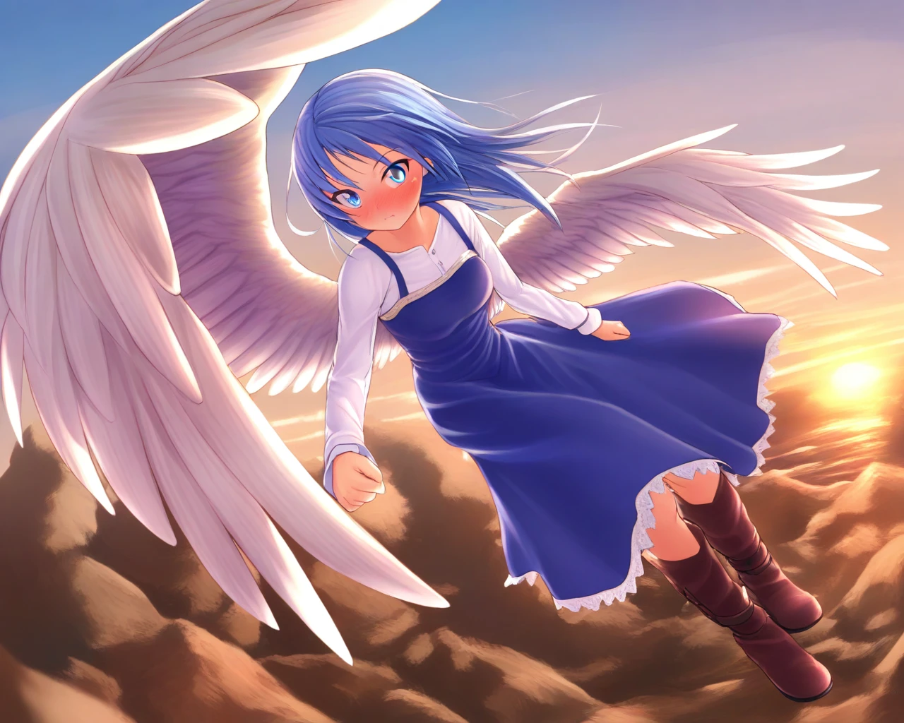 <lora:VeneAnsbach:0.8>,vene,blue hair,blue eyes,dress,long sleeves,,blue dress,shirt,white shirt,boots,wings,angel wings,sky, masterpiece, best quality, amazing quality, newest