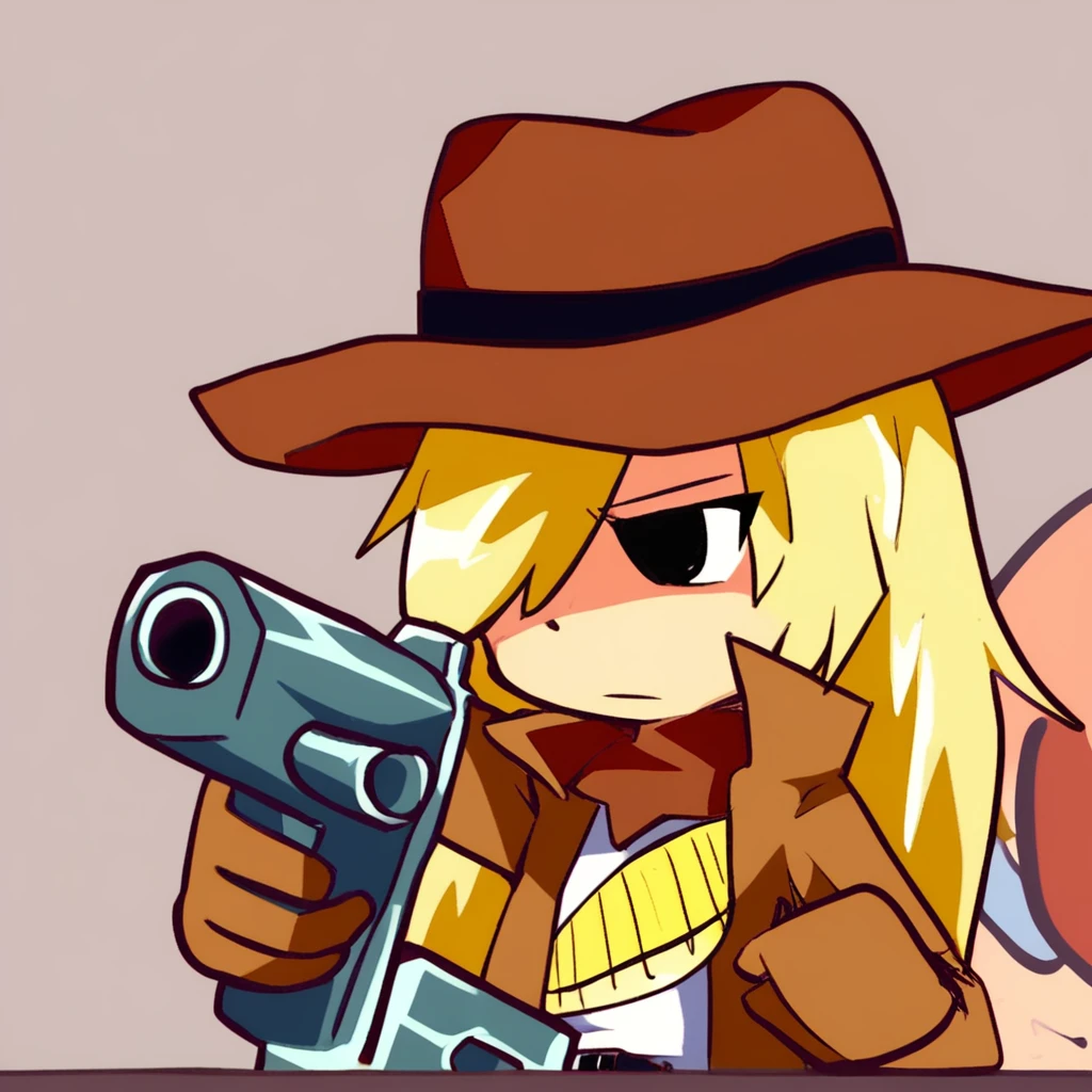 the vigil, blonde hair, 1girl, solo female, solo focus, hat, long hair, jacket, gun, cowboy hat, western