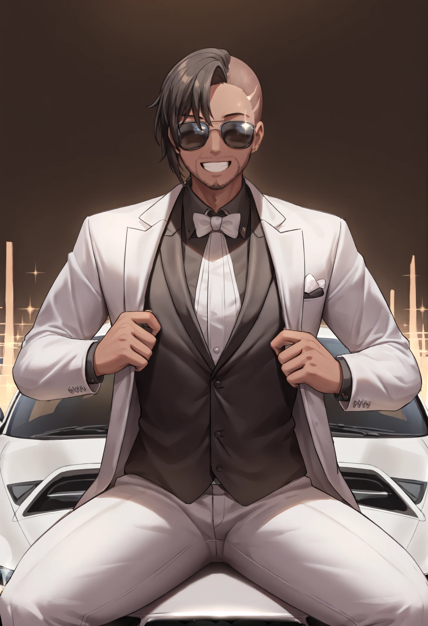 masterpiece, best quality, 1boy, solo,  jelomstng, dark-skinned male, muscular, sunglasses, no eyes, black hair, sidecut, short hair, facial hair, tuxedo, adjusting clothes, outdoors, sports car, on car, sitting, smile, teeth, straight-on, sparkle, looking at viewer<segment:yolo-Anzhc Face seg 640 v2 y8n.pt,0.4,0.3//cid=1>