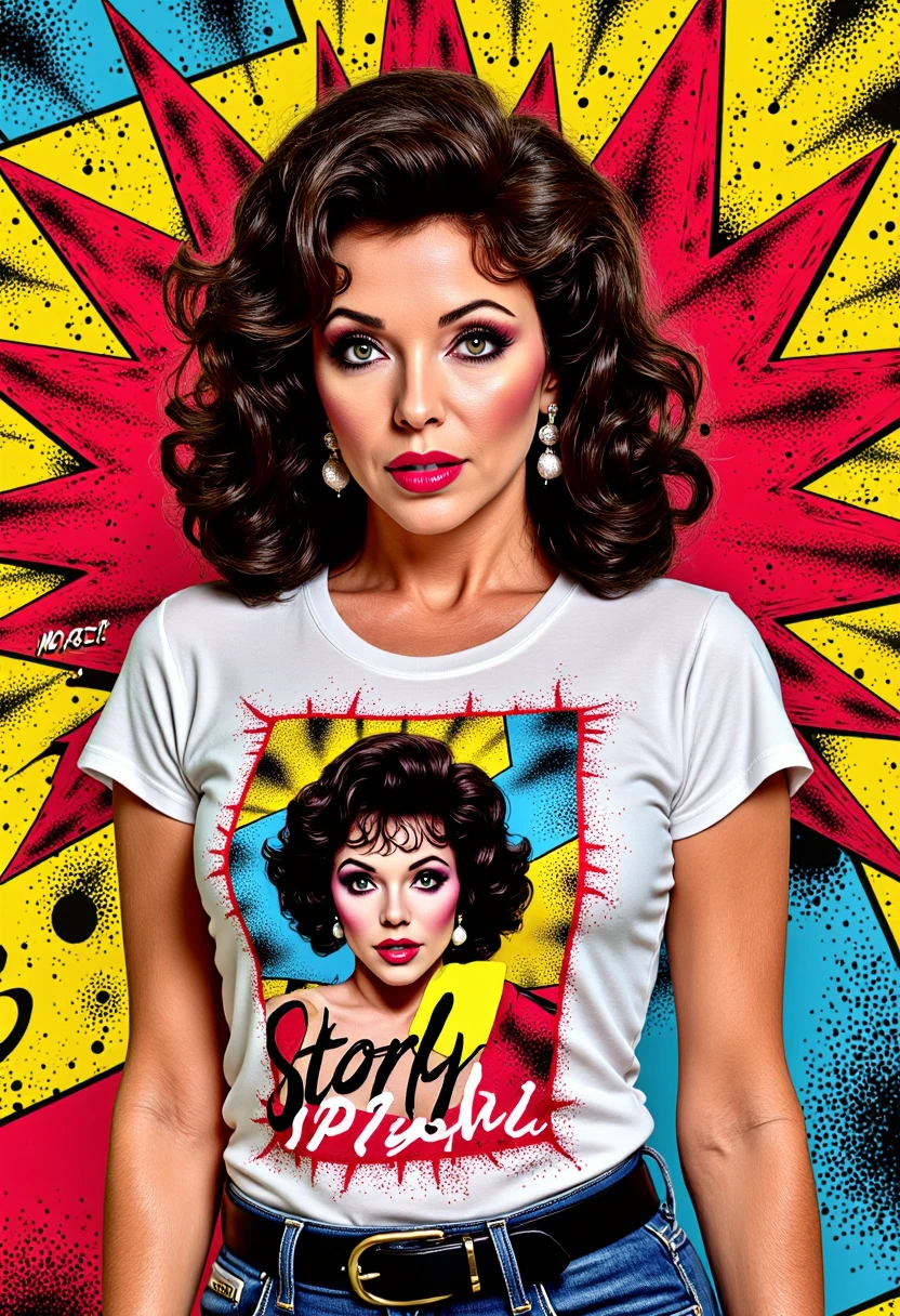 Create an image of a woman in a pop art or comic book style, with a bold, graphic figure reminiscent of Roy Lichtenstein's work. She is wearing a t-shirt or. The background is made up of several comic style panels, sound effects and pop culture elements such as a boom box and other stylized images. The overall look should be retro comic book elements and modern street style, with a vibrant color palette dominated by yellow, blue and red and neon. The halftone crack patterns and bold outlines are characteristic of both vintage comics and contemporary pop art. The image should evoke a modern street style, with the energy of a neon-lit city from the 1980s.