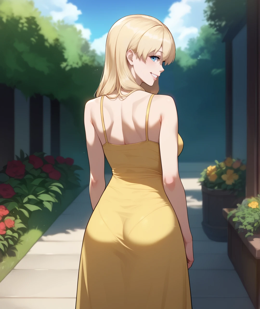 score_9, score_8_up, score_7_up, score_6_up, source_anime,
BREAK
chloe, blonde hair, long hair, blue eyes, 1girl,solo, medium breasts, from behind, yellow sundress, garden, day, sunshine, smile, looking back
 <lora:chloe-pdxl-fandingo:0.7>