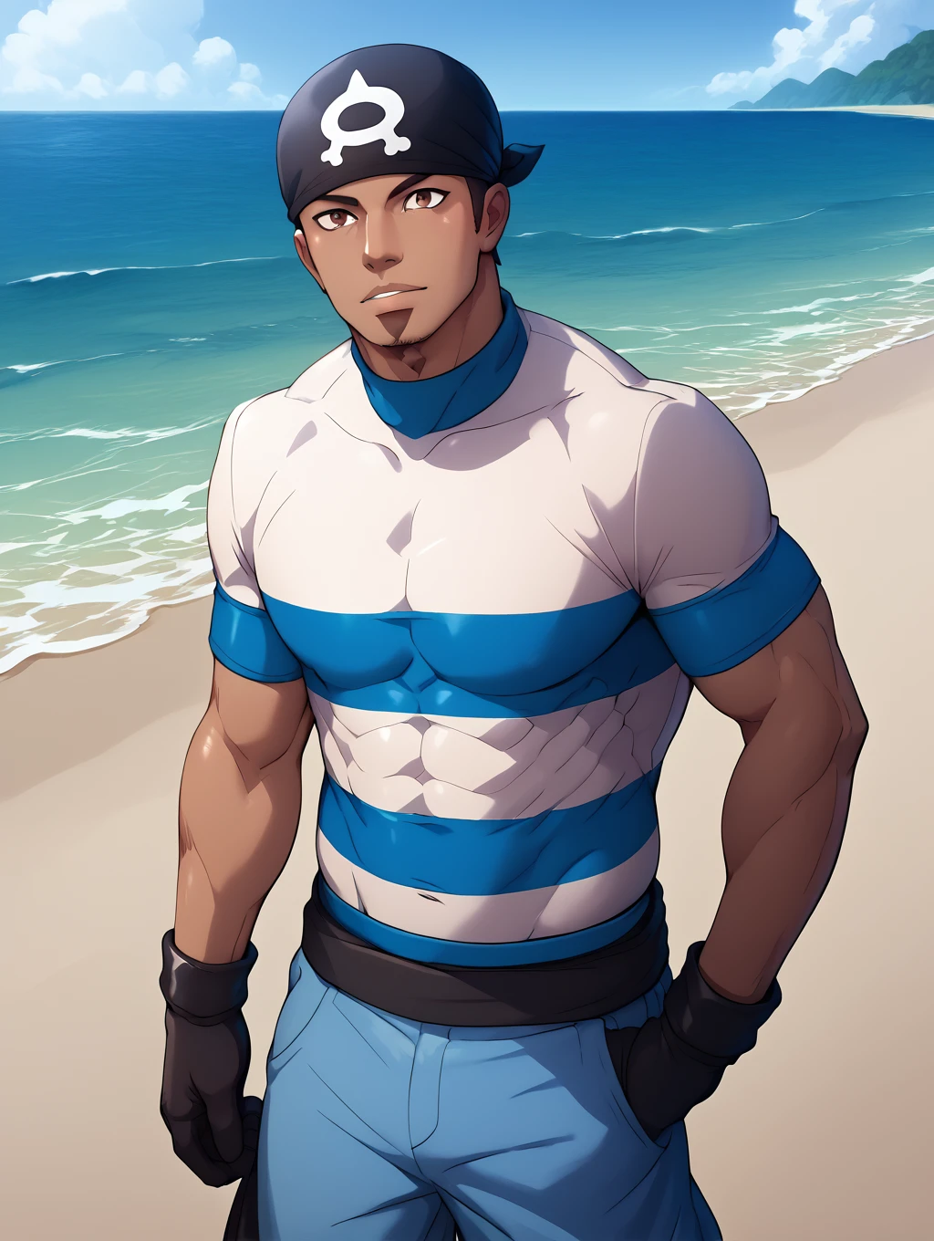 solo, teamaquamalegrunt, striped shirt, bandana, beach short, beach, outdoor, daytime, looking at viewer, black gloves, standing, tan, muscular, bara, brown eyes, smiles <lora:Team_Aqua_Grunt_Male_PonyXL-09:0.95>, score_9, score_8_up, score_7_up, score_6_up,