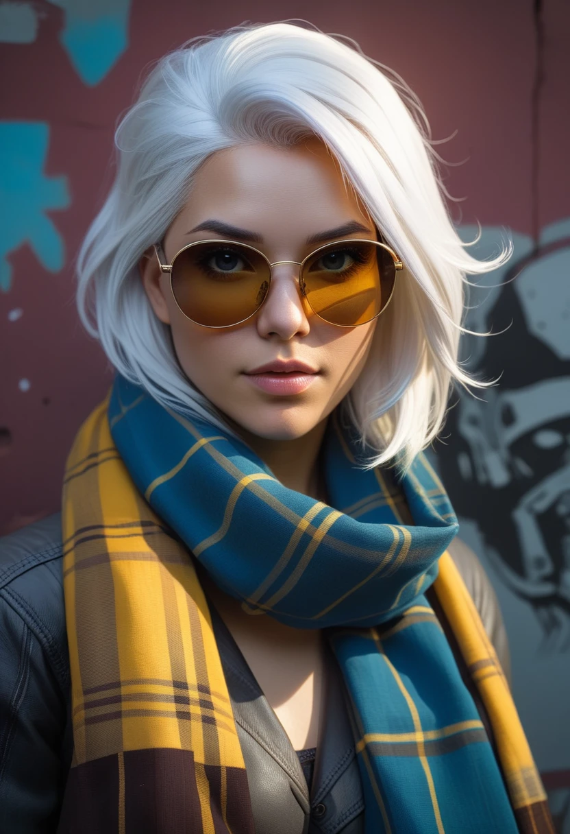 (dark shot:1.1), epic realistic, portrait of halo, sunglasses, blue eyes, tartan scarf, white hair by atey ghailan, by greg rutkowski, by greg tocchini, by james gilleard, by joe fenton, by kaethe butcher, gradient yellow, black, brown and magenta color scheme, grunge aesthetic!!! graffiti tag wall background, art by greg rutkowski and artgerm, soft cinematic light, adobe lightroom, photolab, hdr, intricate, highly detailed, (depth of field:1.4), faded, (neutral colors:1.2), (hdr:1.4), (muted colors:1.2), hyperdetailed, (artstation:1.4), cinematic, warm lights, dramatic light, (intricate details:1.1), complex background, (rutkowski:0.66), (teal and orange:0.4), OverallDetailXL,