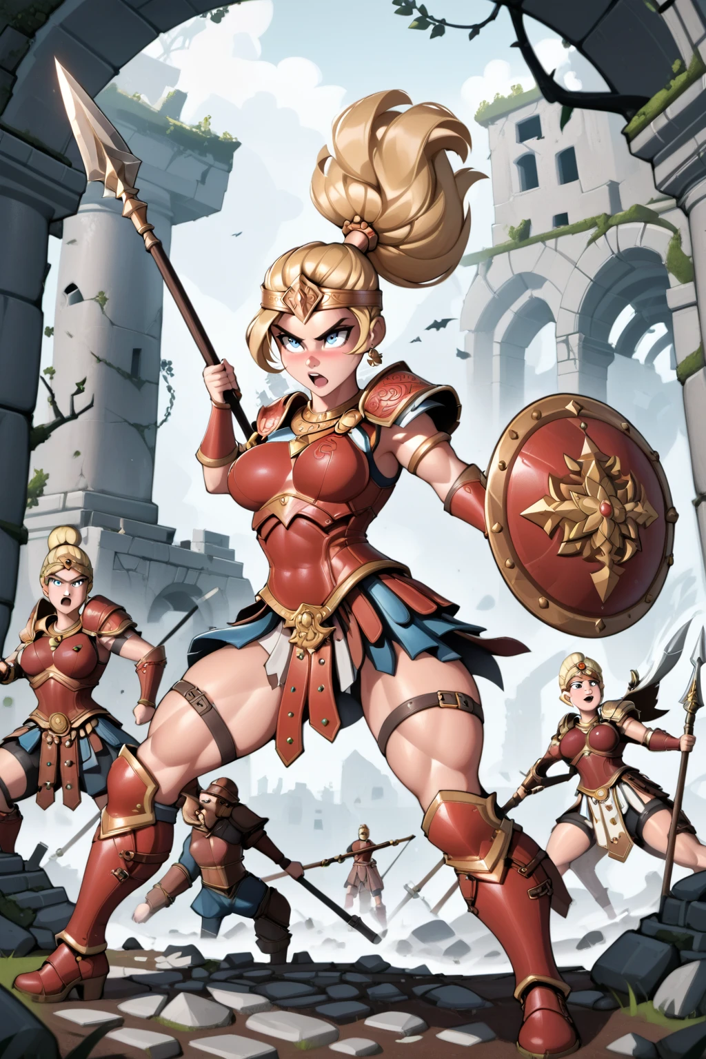 score_9, score_8_up, score_7_up, masterpiece, high quality, BREAK
 <lora:RD_RN00 StylePonyLyco:1>rdrn
 <lora:Cassia AmazonPonyLora:0.8> Amazn, long hair, blonde hair, ponytail, circlet, Breastplate, pauldros, armlet, bracer, pelvic curtain, faulds, thigh strap, boots, shield, spear, fighting stance, attacking, dynamic motion, ruins, spooky forest, skeletton, solo