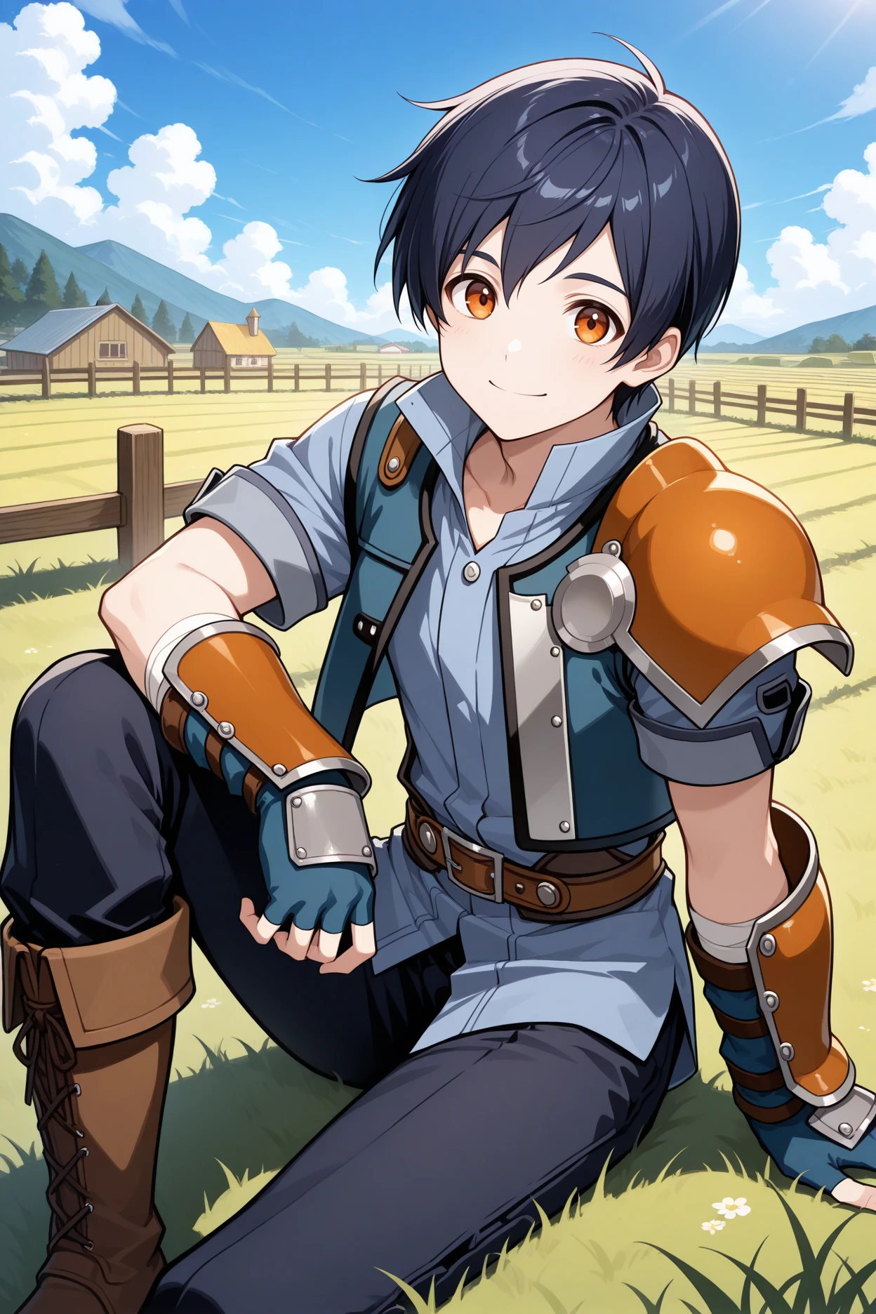 masterpiece, best quality, 1boy, male focus, solo <lora:joshuabright-illu-nvwls-v1-000006:1> fcjsha, black hair, short hair, amber eyes, single shoulder pad, blue shirt, short sleeves, dark blue vest, single shoulder pad, bracers, fingerless gloves, black pants, brown boots, smile, happy, closed mouth, farm, fence, blue sky, clouds, sitting, from side, grass, looking at viewer, from above