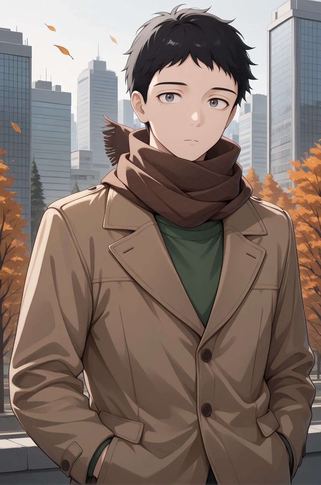 masterpiece, best quality, upper body, looking at viewer, expressionless, 1boy, g0j0, black hair, short hair, grey eyes, brown jacket, green shirt, scarf, hands in pocket, outdoors, wind, autumn, cityscape, tree, building, <lora:Hoseki_MyDressUpDarling_WakanaGojo_IllustriousXL_v1:1>