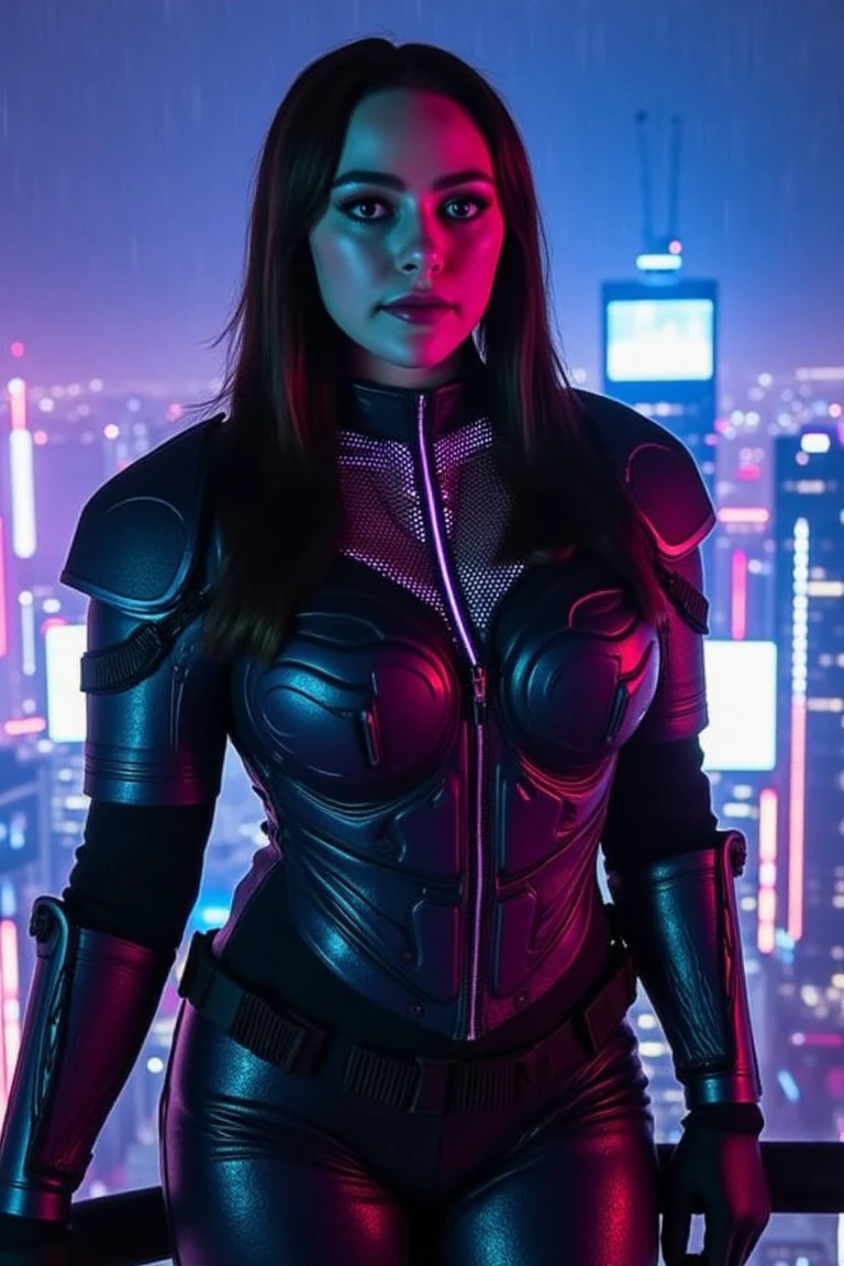 A beautiful female vampire slayer in a futuristic, armored bodysuit with neon accents, resembling an exoskeleton, glowing faintly in the dark. Looking at viewer, her outfit includes a hooded cloak that flickers as if alive, blending into the shadows. The backdrop is a neon-lit rooftop overlooking a sprawling cyberpunk city at midnight, rain droplets caught mid-air as they reflect colorful lights. The camera angle is an over-the-shoulder shot, captured by a Sony Alpha 7R IV with a 50mm f/1.2 lens, focusing on her beautiful piercing eyes. danirus