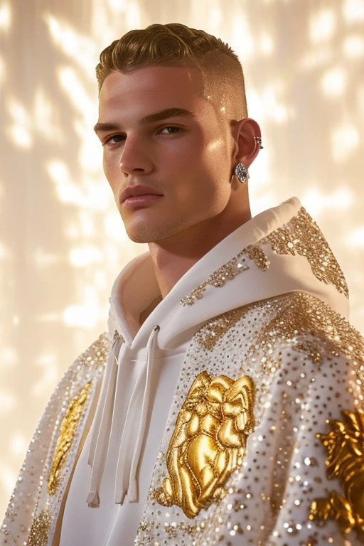 cape, hoodie, blonde hair, cape hoodie, gold and white outfit with a hood, wearing ornate clothing, fantasy formal clothing, earrings, gold roses in background, high quality , silky jacket,  Intricate gold and silver embroidery, embellishment , shallow depth of field, golden bokeh, warm lighting, ((facing forward))