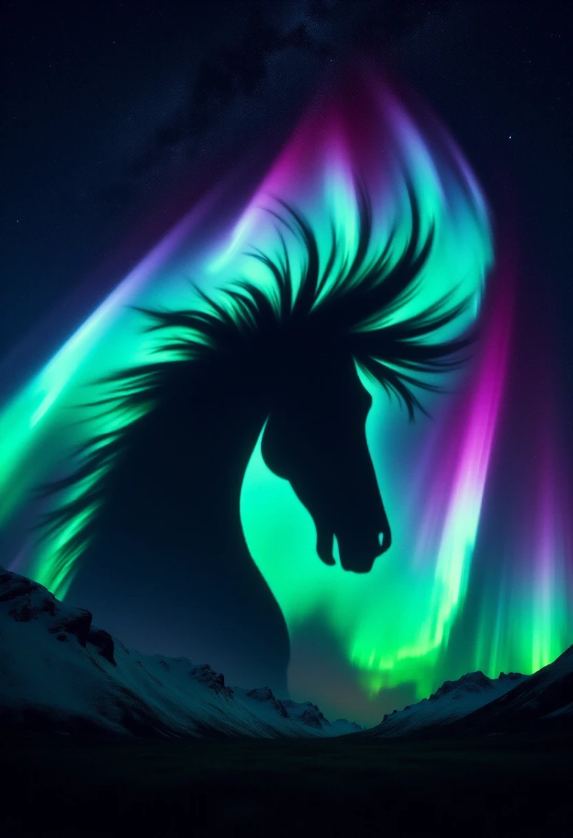 <lora:Aurora_BorealiStyler_FLUX-000018:0.8>
This is a digital artwork featuring a striking, surreal scene of a majestic horse silhouette in the shape of a horse's head and neck, rendered in bold, dark black lines. The horse's silhouette is positioned centrally, with its mane flowing upward and outward, blending seamlessly into the vibrant aurora borealis display behind it. The aurora's colors are a mesmerizing mix of green, purple, and blue, creating a mesmerizing, ethereal glow that stretches across the sky.