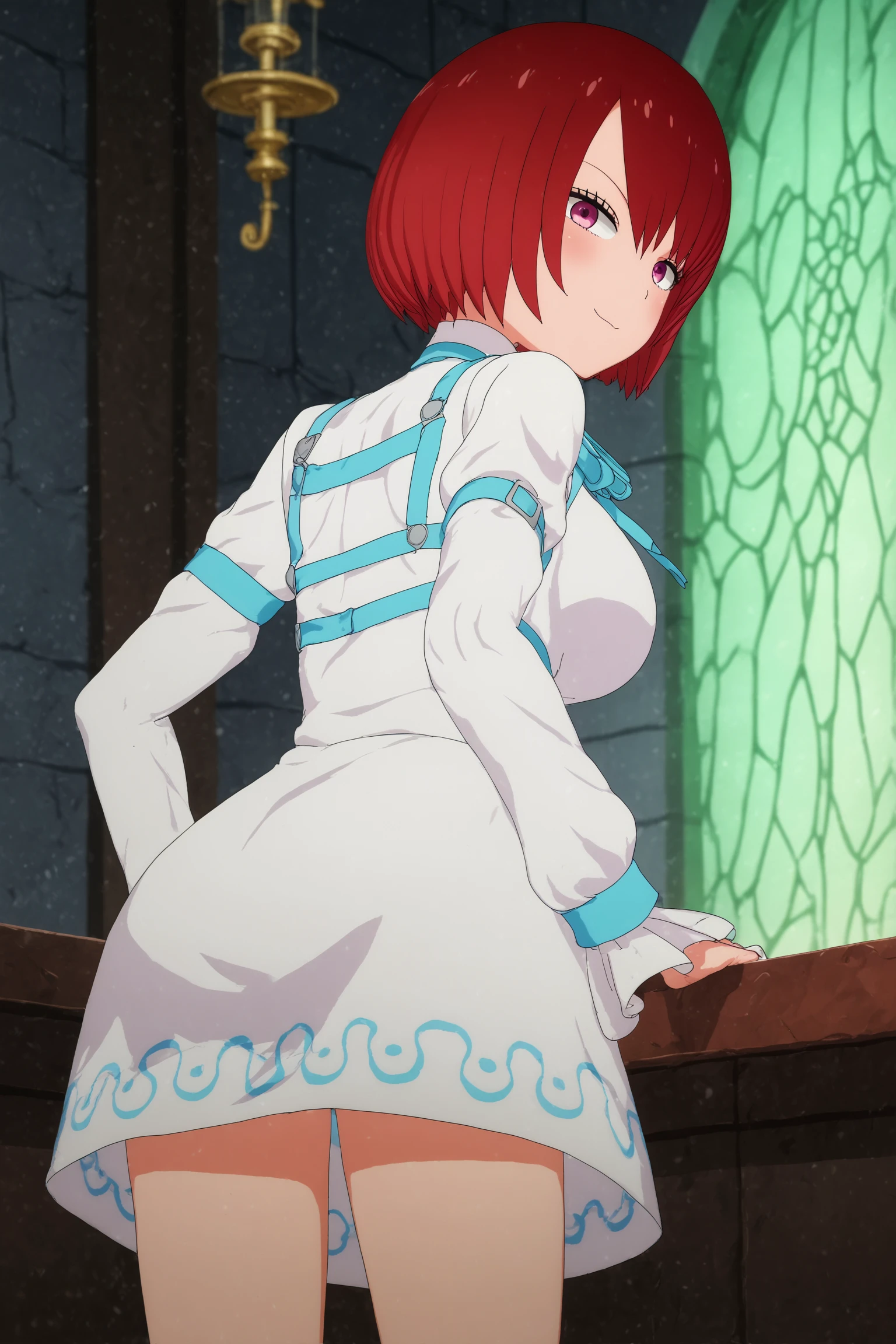 caph,1girl,solo,short_hair, dress,breasts, smile,blush,long_sleeves, shirt,purple_eyes, looking_at_viewer, large_breasts, white_dress, ribbon,standing,from_behind, looking_back, 
BREAK
indoors,tile_wall,chandelier,gothic_architecture, 

<lora:Caph_-_The_Duke_of_Death_and_His_Maid.safetensors:1>
