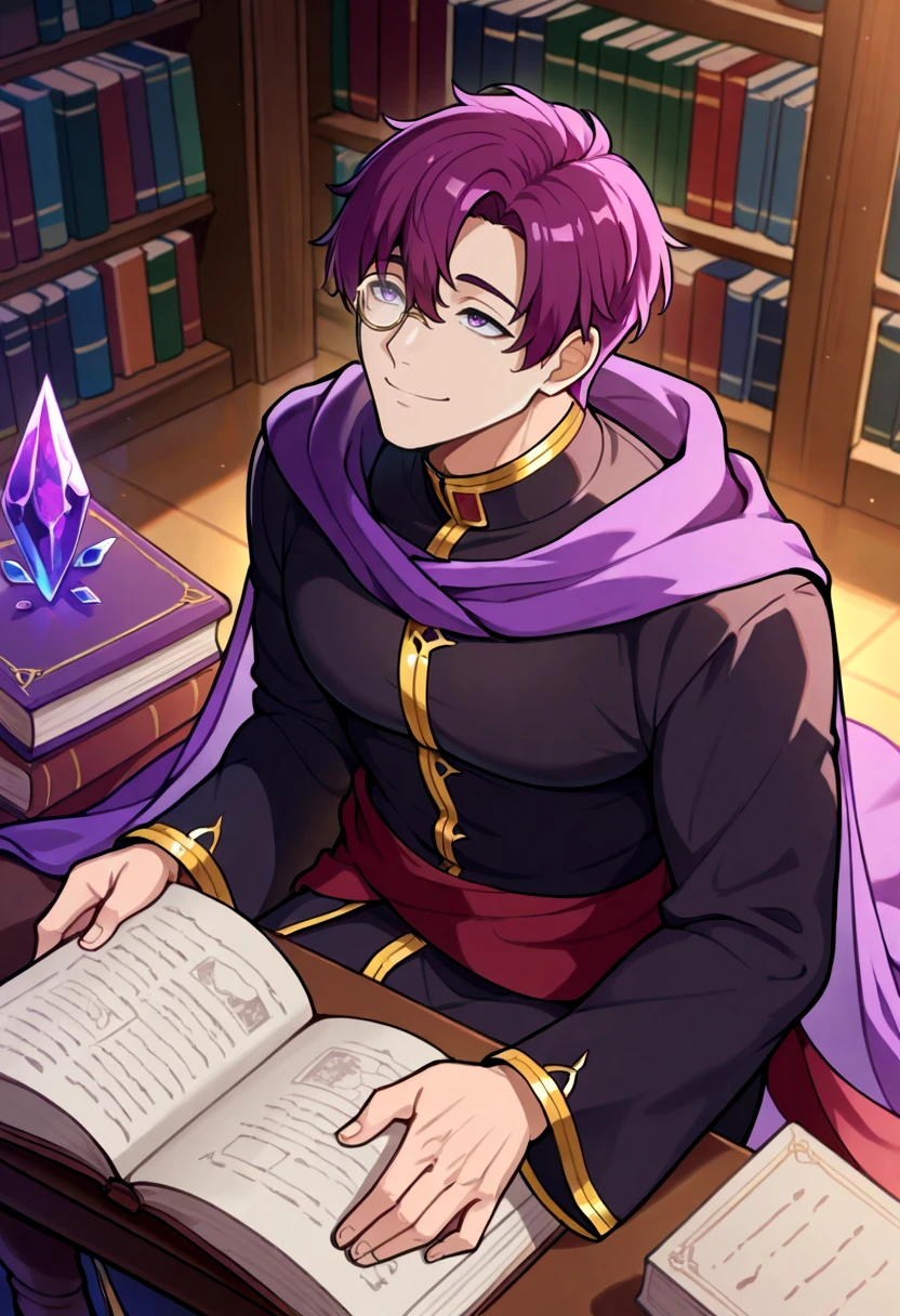 masterpiece, best quality, 1boy, male focus,solo ,  black robe, purple cape, purple eyes, purple hair, monocle, red sash, gold trim, bangs,  <lora:canas-ilxl-t1:1>,  scenery,   library, smile, sitting, crystal, books, desk, looking up, from above, mature male:0.3,