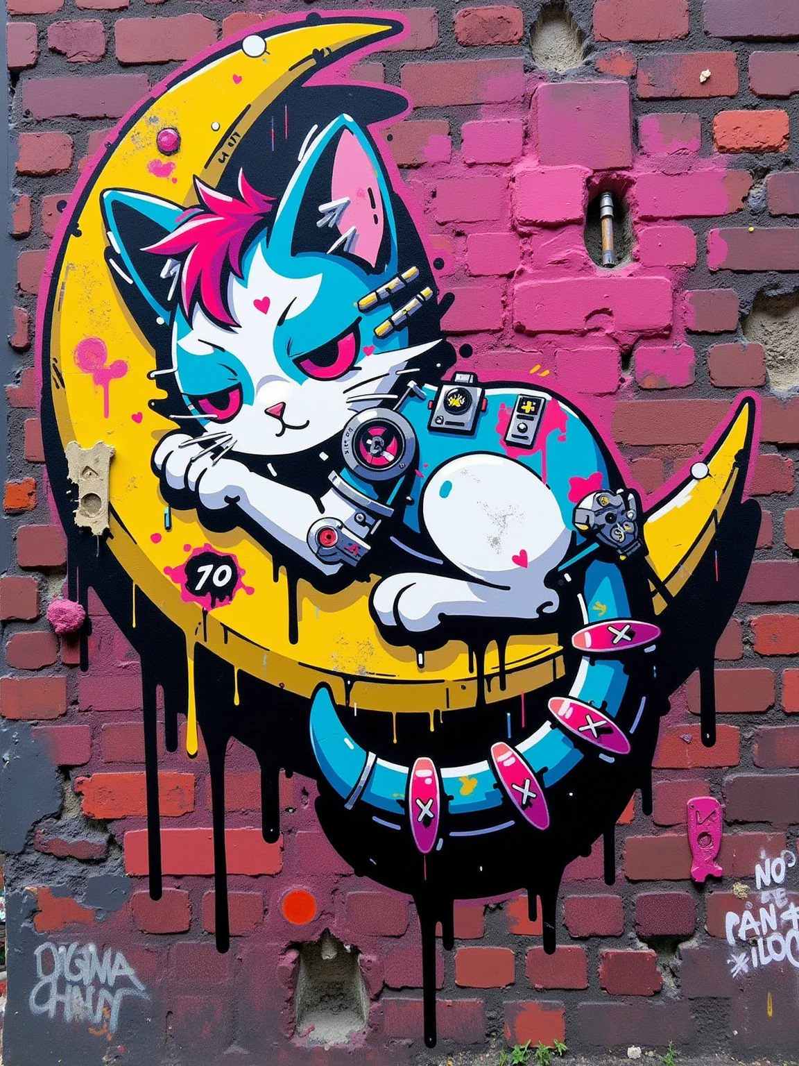mad-grfftpnk, graffiti of a cat with colorful furr and mohawk, has cybernetic implants, sleeping on crescent moon on brick wall <lora:neon-graffiti-punk-flux:1.0>
