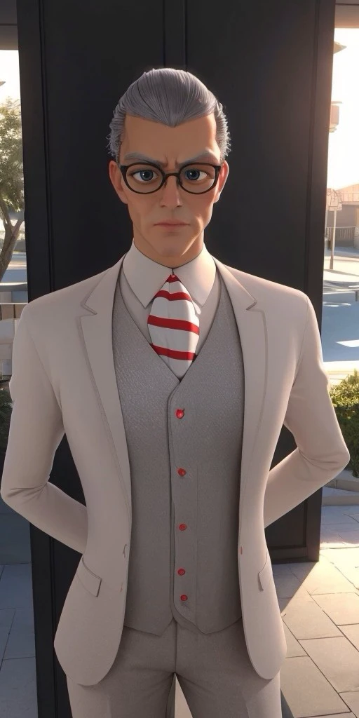 Hyperrealistic, photorealistic, super detailed, 1boy, black-framed silver glasses, grey hair, pale light grayish cerulean colored eyes, pointy chin, body like in real life, large pores, fair but rosy-tinted skin tone, very tall, unreal engine, octane render, droped shadow, bokeh, cinematic lighting, <lora:add_detail:0.5>, <lora:Volumetric_lighting:0.6>, Gabriel Agreste, , <lora:ba247082-58ea-446d-a483-d88559b08061:0.7>