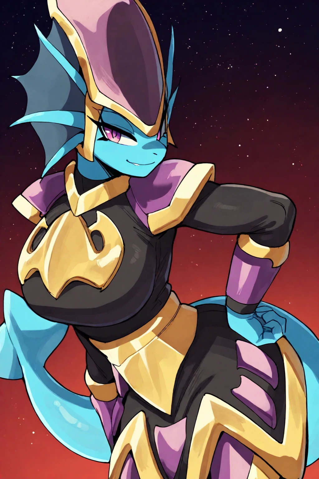 feminine, masterpiece, best quality, newest, absurdres, highres, merga_fp, aquatic dragon, ear fins, helmet, head fin, armor, armored dress, armored skirt, leaning forward, big breast, seductive smile, hand on hip, looking at viewer,
BREAK
red background, stars, outdoor, dark background, dynamic background, <lora:Merga_IL:1>