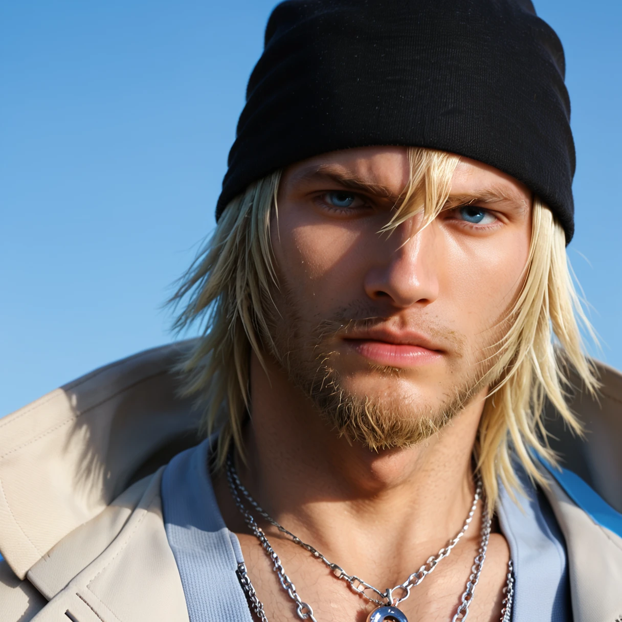 score_9, score_8_up, score_7_up, score_6_up, 1male, solo, snowvilliers, solo, blonde hair, 1boy, hat, jewelry, blue eyes, male focus, necklace, lips, facial hair, beard, realistic, stubble, beanie