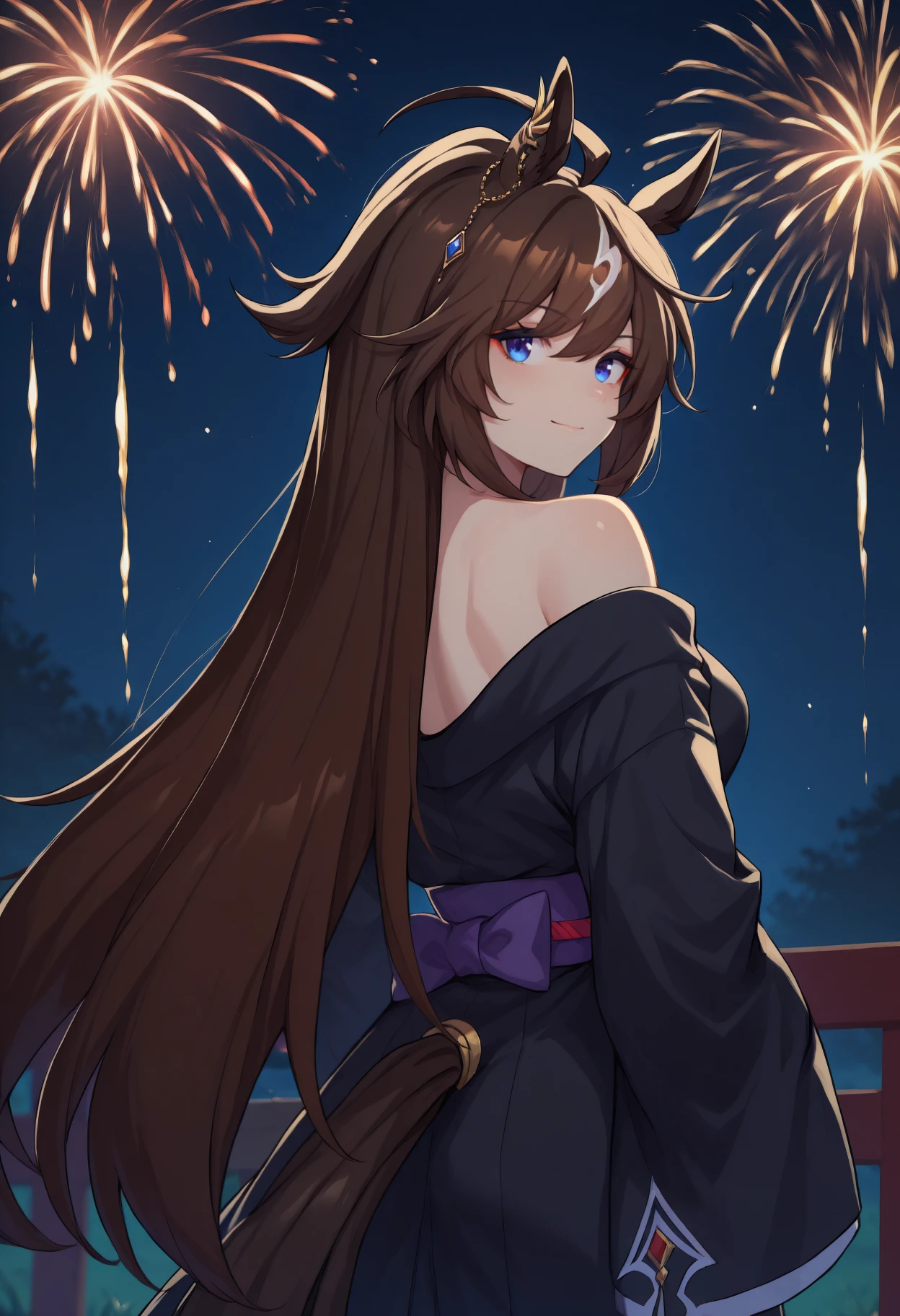 anime, masterpiece, best quality, <break> from behind, solo, 1girl, duram3nte, horse tail, slight smile, closed mouth, looking back, long hair, streaked hair, brown hair, white hair, ahoge, hair between eyes, horse ears, ear ornament, blue eyes, japanese clothes, black kimono, off shoulder, purple sash, bare shoulders, outdoors, night, fireworks
<segment:yolo-Anzhc Face seg 640 v2 y8n.pt,0.4,0.5//cid=1>