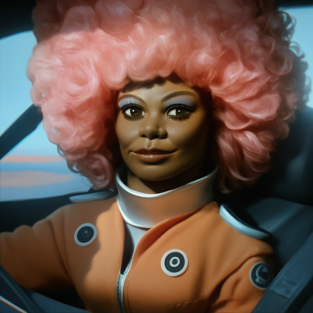 score_9_up, score_8_up, score_7_up, score_6_up, 1girl, solo, kate_k, afro, pink hair, brown eyes, dark-skinned female, pilot suit, makeup, sitting in a cockpit, science fiction, smile,(realistic, painted art)