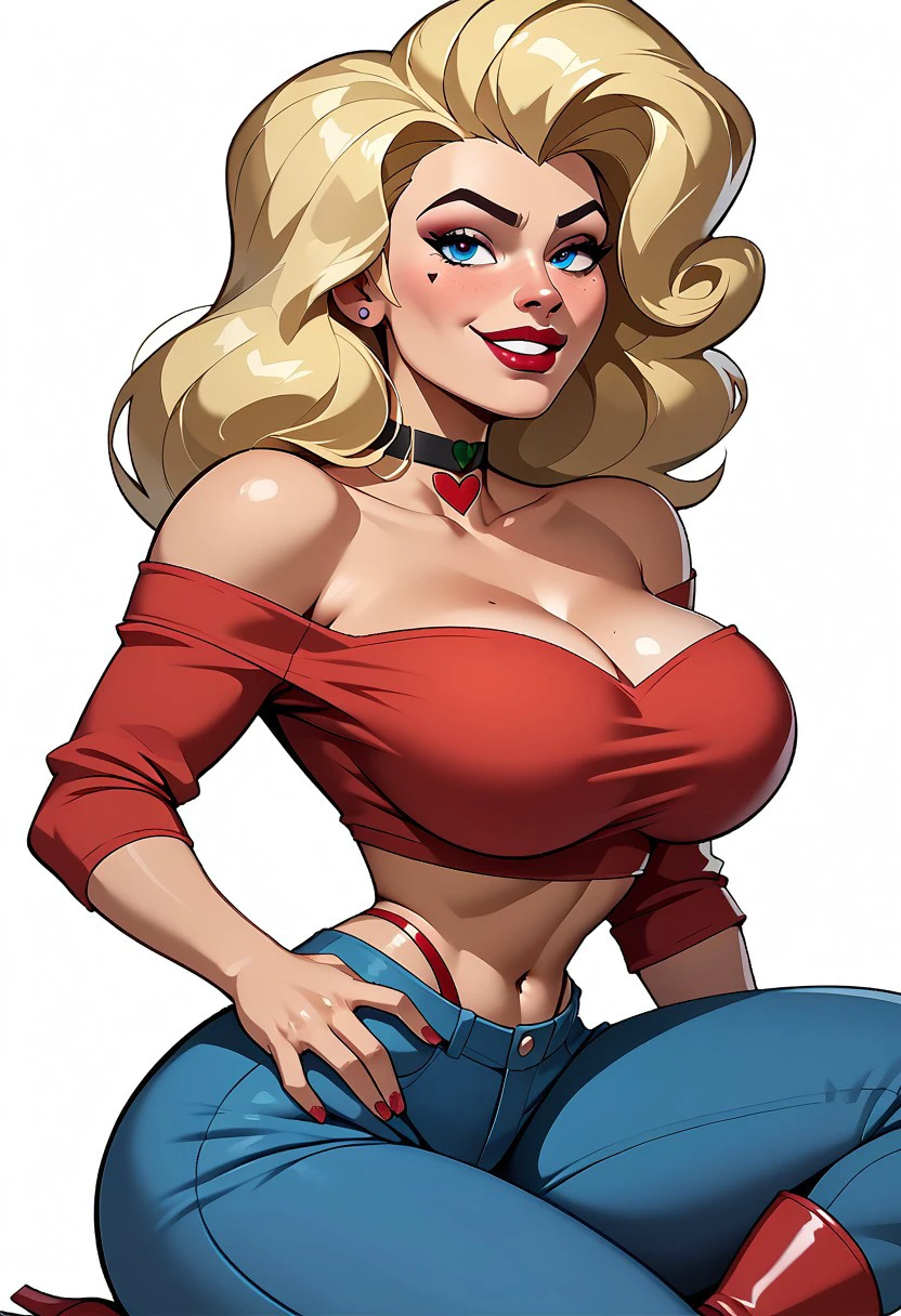 Score_9, score_8_up, score_7_up, best quality, 
Dawna Phantom, 1girl, Blonde hair, blue eyes, heart tattoo, blue pants, highleg panties, off-shoulder crop top, red footwear, black choker, 
hands on own hips,