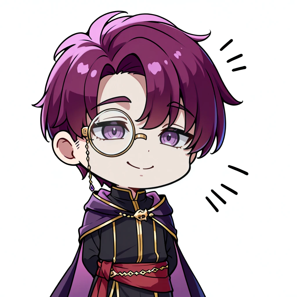 masterpiece, best quality,  1boy, male focus, solo ,  black robes, purple cape, purple eyes, purple hair, short hair, red sash,  gold trim, bangs,  <lora:canas-ilxl-t1:1>, monocle,  casual,  mature male:0.3, smile,  chibi, meme, thick lines, simple background, white background