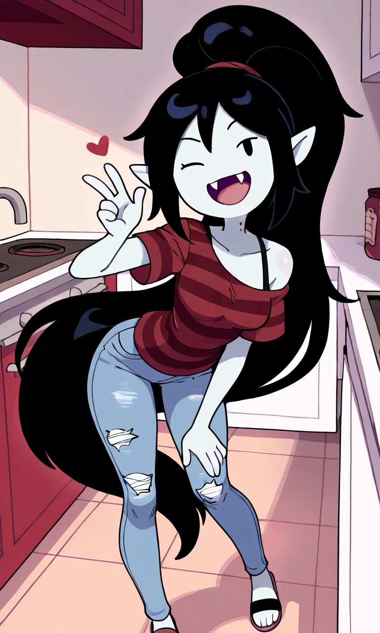 adventuretime_marceline, ((masterpiece,best quality)), ((1girl,vampire,solo,black hair,pointy ears,black eyes,fangs,grey skin)), ((very long hair,ponytail,striped shirt,red and dark grey shirt,denim torn jeans,sandals)), ((smile,open mouth,wink)),((indoors,kitchen)), <lora:adventuretime_marceline:1>