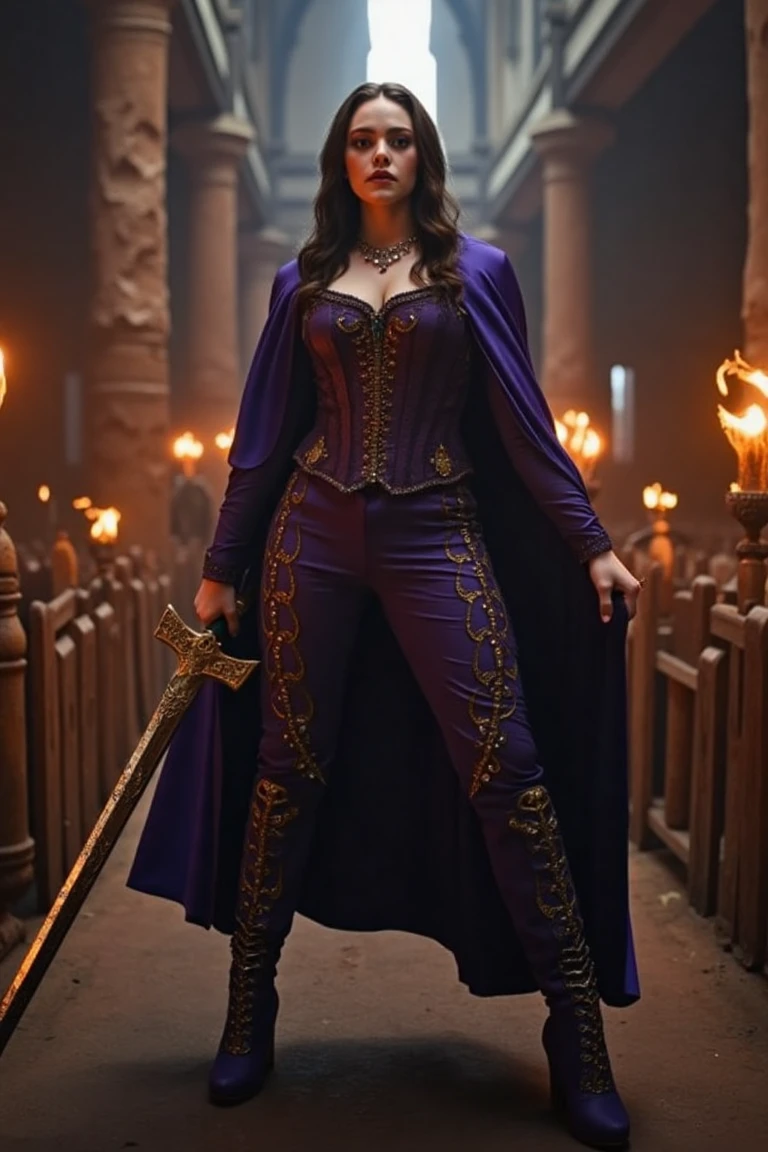 The vampire slayer wears a regal outfit with a dark purple cape lined in gold, a corset encrusted with small gemstones, and combat-ready pants. Her boots are laced with glowing magical threads. She’s positioned in the middle of a crumbling vampire castle, lit by flaming torches. The slayer wields an ornate longsword. The angle is an extreme close-up focusing on her intense expression, with a shallow depth of field captured using a Leica M11 Monochrom camera for high-contrast cinematic flair. danirus