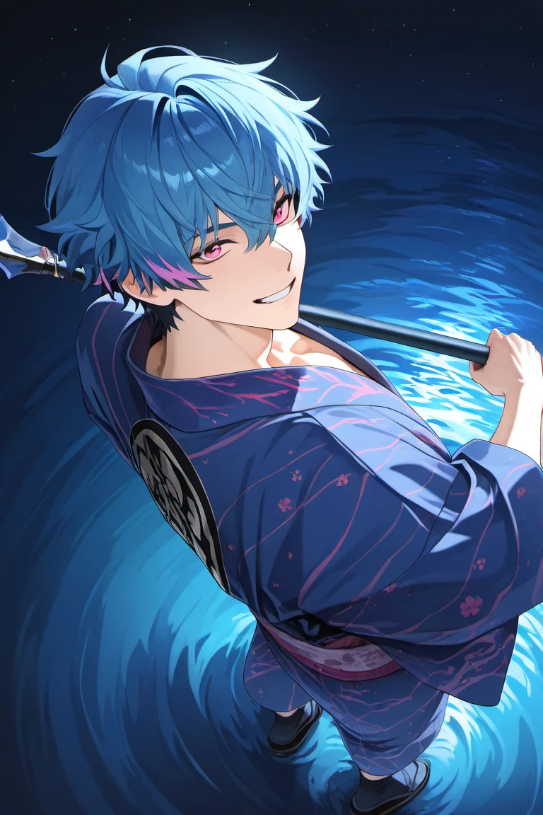 anime coloring, subsurface scattering, realistic shading, glowing, night sky, dark environment, backlighting, glowing, japanese theme, water reflection, male focus, fighting stance, holding polearm, leaning back, looking up at viewer, expressive face, BrantWUWA, greenish blue-pink_BrantWUWA_multicolored hair, purplish pink_BrantWUWA_eyes, grin, teeth, japanese clothes, yukata, asymmetrical print on clothes, socks, 1boy, water, from above, dutch angle, intricately detailed illustration, masterpiece,best quality,amazing quality,very aesthetic,absurdres,newest