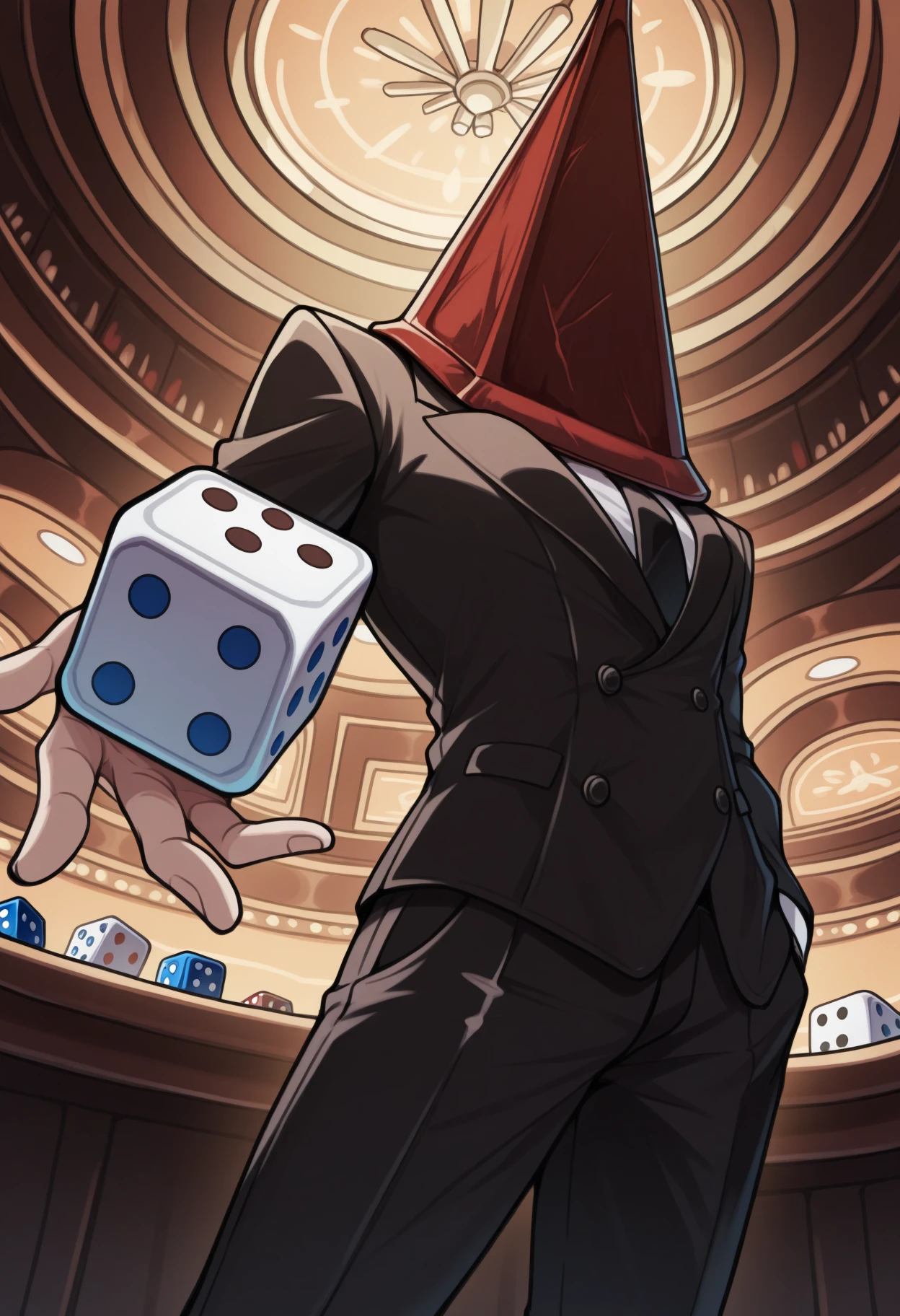 masterpiece, best quality, 1boy, solo, Pyram1dHead, helmet, formal, black suit, black necktie, black pants, indoors, casino, (huge dice:1.4), throwing dice, flying dice, foreshortening, <lora:ChamPyramidHeadIllustriousXL:1>