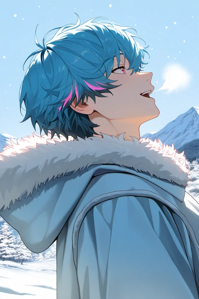 anime coloring, subsurface scattering, realistic shading, day, natural lighting, winter theme, snow, snowing, snowflakes, mountain, breath, male focus, leaning back, looking away, smiling, expressive face, BrantWUWA, greenish blue-pink_BrantWUWA_multicolored hair, purplish pink_BrantWUWA_eyes, open mouth, winter clothes, fur trim, 1boy, blurry outdoors, scenery, from side, from below, intricately detailed illustration, masterpiece,best quality,amazing quality,very aesthetic,absurdres,newest