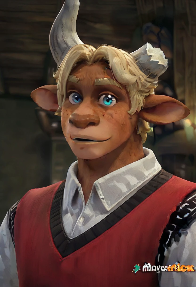 Manny Taur G3, Blond, long bangs, cracked horn, white horns, brown fur, blue eyes, freckles, Muscular, male, anthro bull, white shirt, long sleeve, red vest, portrait, looking at viewer, animated