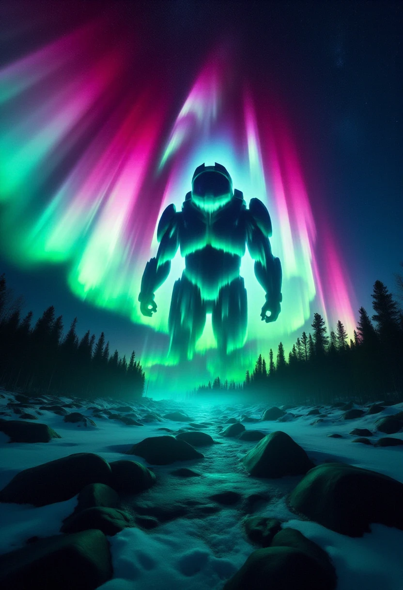 <lora:Aurora_BorealiStyler_FLUX-000018:1>
This is a digital artwork showcasing a breathtaking aurora borealis display in a nighttime landscape. The central subject is Master Chief, stylized in glowing, ethereal colors. Master Chief is rendered in vibrant hues of green, blue, and pink, appears to be formed by the swirling aurora lights.