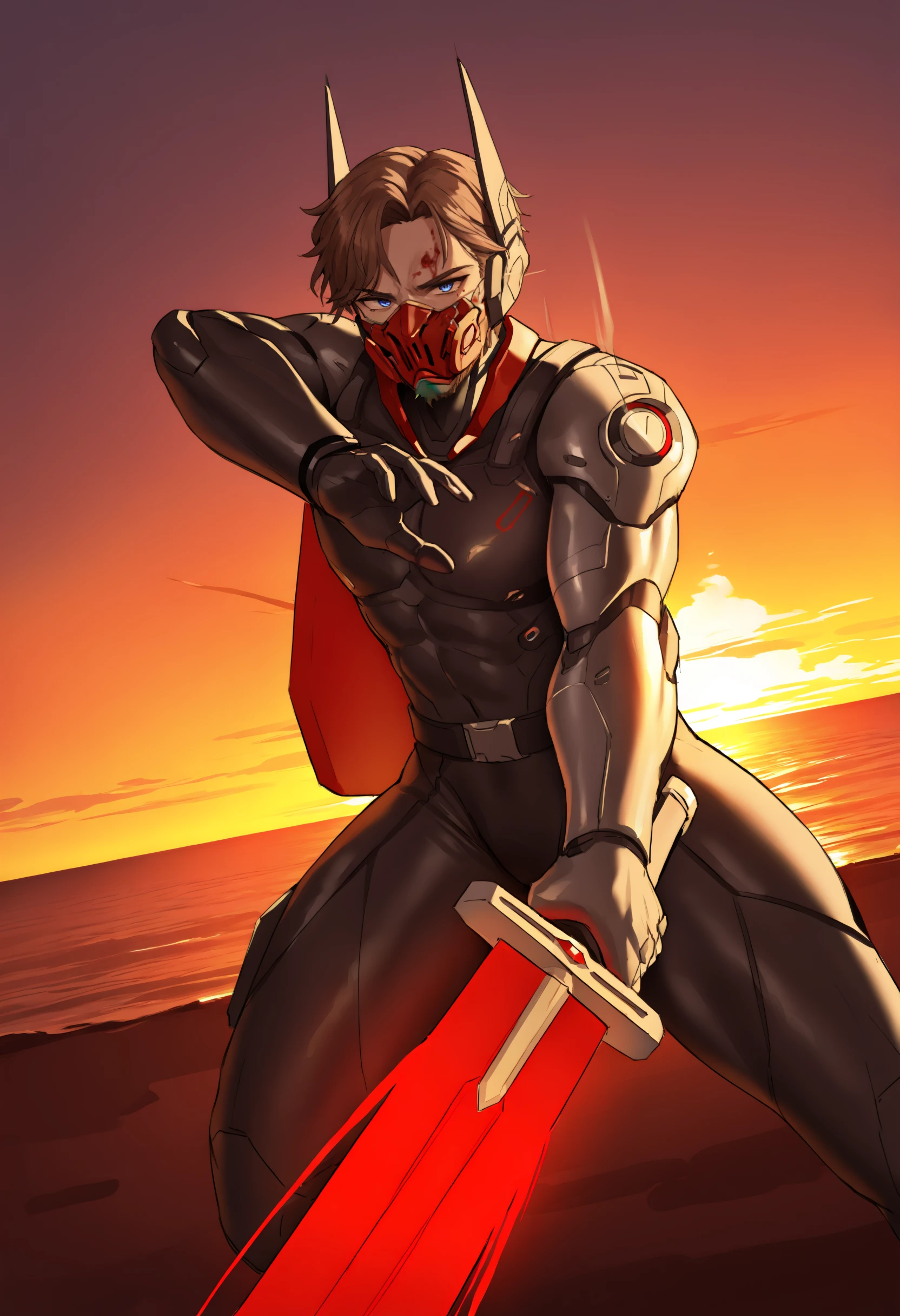 masterpiece, best quality, 1boy, solo,  jeloanrsn, brown hair, blue eyes, facial hair, cyborg, bodysuit, headgear, mask, sunset, horizon, looking at viewer, outdoors, dynamic pose, aura, foreshortening, blood, fighting stance, battle, motion lines, motion blur, sword, holding sword, red sword, sketch, lineart, reaching towards viewer, from side<segment:yolo-Anzhc Face seg 640 v2 y8n.pt,0.4,0.3//cid=1><segment:yolo-Anzhc Breasts Seg v1 1024m.pt,0.4,0.3//cid=2>