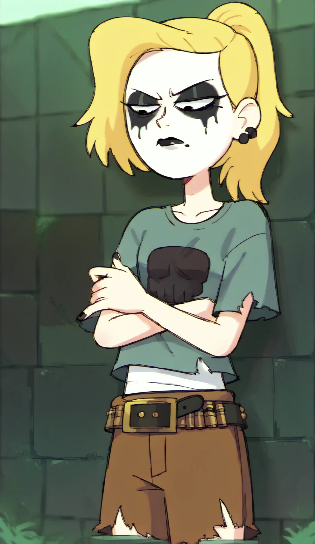 score_9, score_8_up, score_7_up, masterpiece, high quality, source_cartoon, BREAK
Minimal noise, ((thick outline)), (cinematic lighting), ((clean lines)), vector, dynamic angle
1girl, (((plain BLACK T shirt))), brown shorts, sasha waybright, blonde hair, long hair, messy hair, ponytail, black eyes, mole under eye, (corpse paint), (undercut), (crossed arms), black lipstick, leaning against grey brick wall, (bullet belt), torn clothes, looking away, handfixer, black earring, (((white FACE paint))), good anatomy, dark pink eyes, good eyes, short, facing front, cartoon        <lora:Corpse_Paint:0.7>,<lora:Sasha_WaybraightV1:0.6>,<lora:Metal_fashion:0.7>,<lora:Pony_QualityV4.0:3>,<lora:HandFixer_pdxl_Incrs_v1:1>