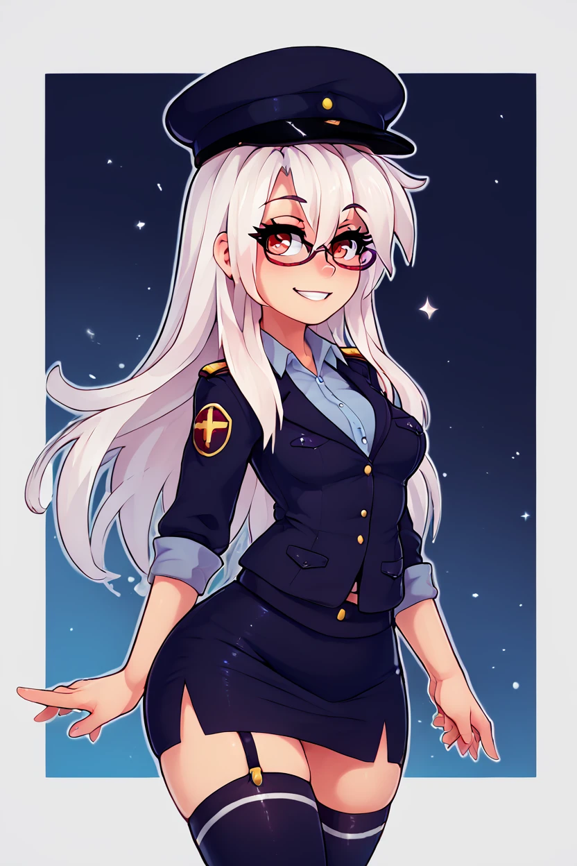 score_9, score_8_up, score_8, large breasts, (curvy), cute, eyelashes,       ,,, , ,,, zzMilitIllyaCitron, hair between eyes, red eyes, long hair, white hair, glasses, semi-rimless eyewear,  military hat, military jacket, pencil skirt, thighhighs, belt,  <lora:MilitIllya_CitronOC_PDXL:1.0>,    ,,,, BREAK, smile, looking at viewer, ,,, abstract background, white outline, cowboy shot, ,,, embedding:zPDXL, Expressiveh, ,,, <lora:theOtherHalfPDXL:0.8>, <lora:CatalystStylePDXL:0.6>, <lora:SDXLFaeTastic2400:0.5>, <lora:Expressive_H-000001:0.4>,