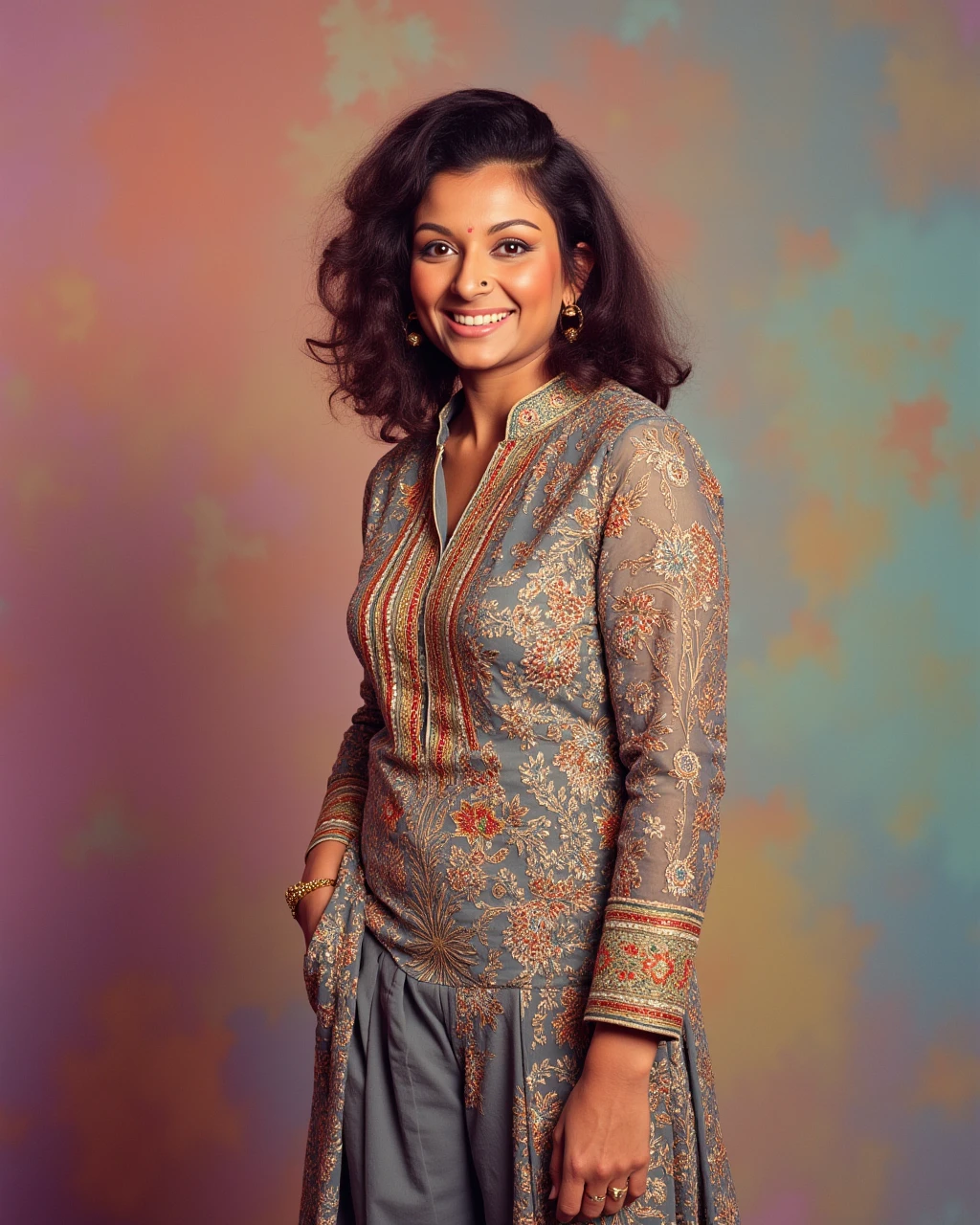 full body photo of Sharmila Tagore woman,candid photo with natural colors, laughing expression on face,studio quality, wearing intricate conservative turtleneck Charcoal Pants_kurta, curls, pastel shaded multicolored background, cinematic soft lighting<lora:TestBed\Sharmila_Tagore_2024_Flux_Kohya_LoRA_v1-000004.safetensors:1.0:1.0>