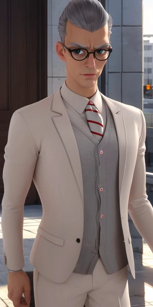 Hyperrealistic, photorealistic, super detailed, 1boy, black-framed silver glasses, grey hair, pale light grayish cerulean colored eyes, pointy chin, body like in real life, large pores, fair but rosy-tinted skin tone, very tall, unreal engine, octane render, droped shadow, bokeh, cinematic lighting, <lora:add_detail:0.5>, <lora:Volumetric_lighting:0.6>, Gabriel Agreste, , <lora:ba247082-58ea-446d-a483-d88559b08061:0.7>