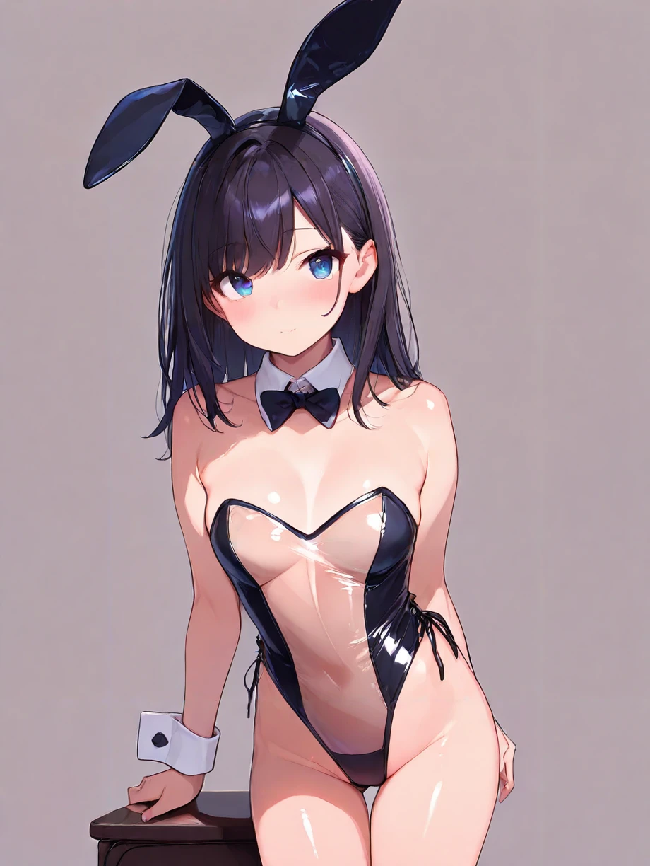 masterpiece,ultra-detailed,best quality,amazing quality,8K,illustration,vivid,CG,photografic hair,,cute face,shiny hair,shiny skin,ultra-detailed-eyes,solo,girl,simple background,
 <lora:transparent bunny girl_illustrious_V1.0:0.7> transparent bunny girl, wrist cuffs, detached collar, bowtie, see-through leotard