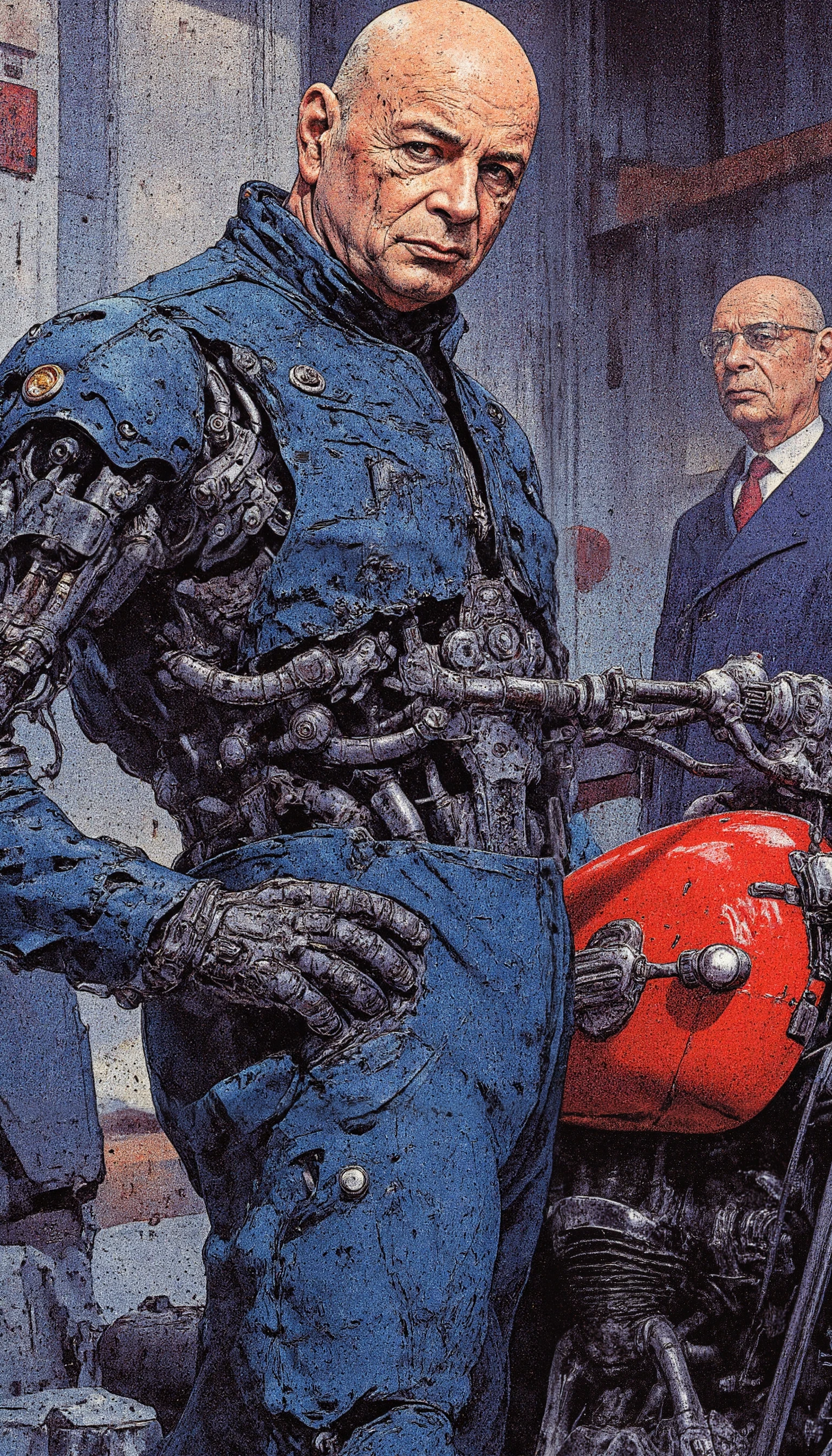 The image is a digital illustration in a detailed, vibrant, high contrast, semi-realistic art style with 90s retro futuristic anime elements without noise or comic halftone effect. The subject is a old wrinkled klaus schwab, an old bald man. His face showing a serious expression. The theme of his body is a vivid blue. His body is cyborg with mechanical parts integrated into it. His arms and chest are fully mechanical. he is wearing a blue and white futuristic, cybernetic, high-tech suit with a vivid blue color, reminiscent of military or space gear. the background features an industrial setting with metallic pipes and machinery on large buildings in the background creating a sense of a dystopian or sci-fi environment. The compostition and the poses are dynamic. The composition is dominated by cool tones, with a muted, slightly gritty texture that enhances the gritty, futuristic atmosphere.
klaus is standing and facing to the right of the viewer while turning his head to look at the viewer. Next to klaus is a red futuristic motorcycle that is kaneda's bike from akira. 
