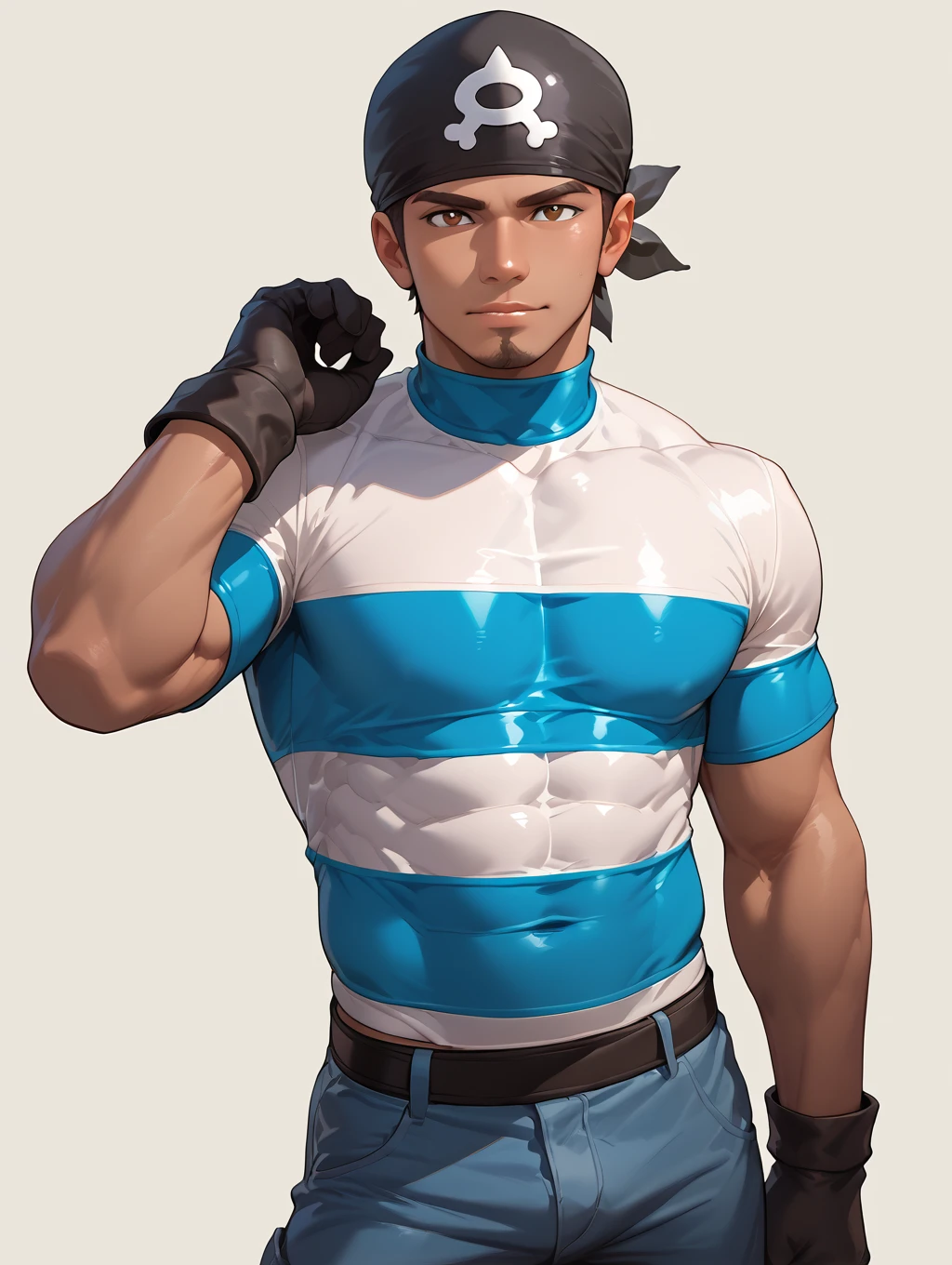 solo, teamaquamalegrunt, striped shirt, black gloves, pants, standing, tan, muscular, bara, brown eyes, looking at viewer, bandana, simple background <lora:Team_Aqua_Grunt_Male_PonyXL-09:0.93>, score_9, score_8_up, score_7_up, score_6_up,