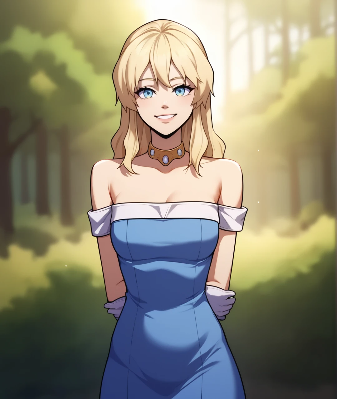 score_9, score_8_up, score_7_up, score_6_up, source_anime,
BREAK
chloe, blonde hair, gloves, long hair, 1girl, outdoors,forest, seductive smile, looking at viewer,  bare shoulders, dress, blue eyes, solo, jewelry, holding, white gloves, collar, blue dress, arms behind back, necklace
 <lora:chloe-pdxl-fandingo:0.7>