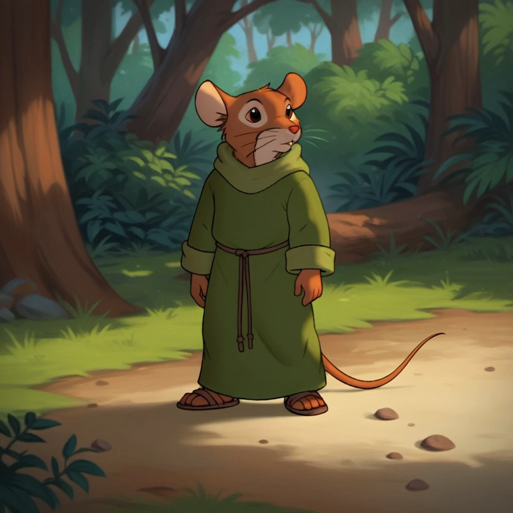 score_9, score_8_up, score_7_up, score_6_up, score_5_up, score_4_up, source_furry, MatthiasRW, semi-anthro, male, mouse, brown fur, green robe, brown sandals, standing, in the forest, full body, <lora:718f15de-6ed0-46f5-9f04-c9dc10716e34:0.7>