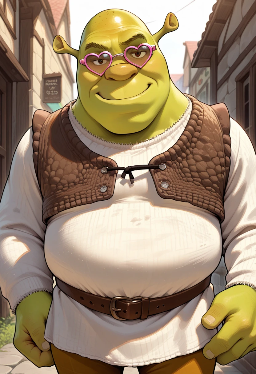 masterpiece, best quality, 1boy, shrek, bald, green skin, brown vest, white shirt, brown belt, pants, <lora:Shrek_illusXL_Incrs_v1:1>, heart-shaped eyewear, smirk, looking at viewer,