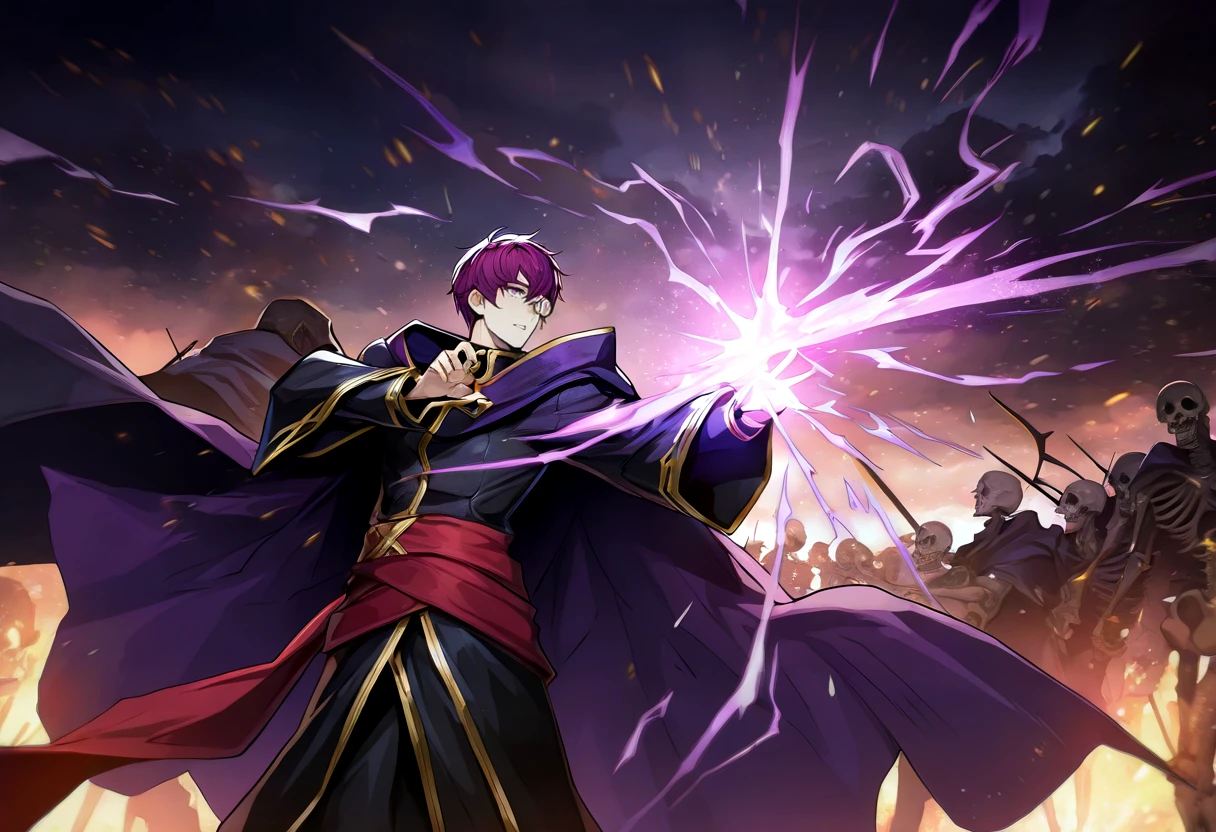 1boy, male focus,solo ,  black robe, purple cape, purple eyes, purple hair, monocle, red sash, gold trim, bangs,  <lora:canas-ilxl-t1:1>,   battlefield, casting a spell, skeletons, very aesthetic, masterpiece, best quality, very aesthetic, highres, absurdres, sensitive