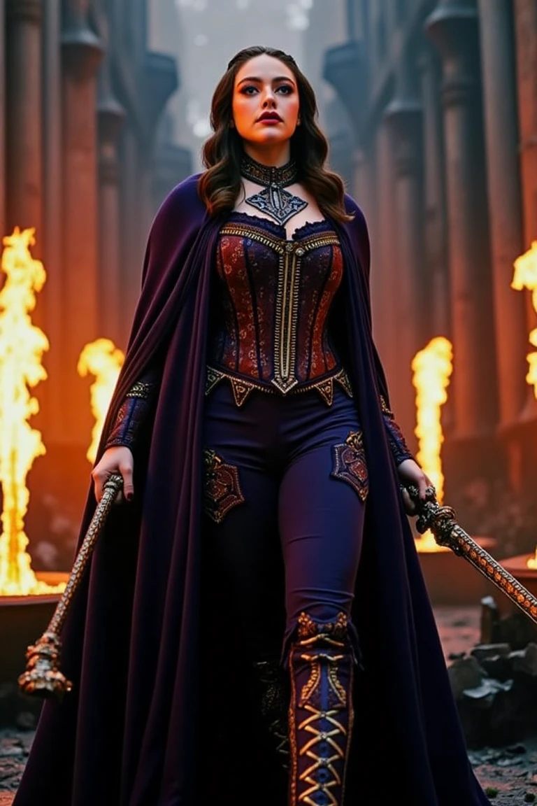 The vampire slayer wears a regal outfit with a dark purple cape lined in gold, a corset encrusted with small gemstones, and combat-ready pants. Her boots are laced with glowing magical threads. She’s positioned in the middle of a crumbling vampire castle, lit by flaming torches. The slayer wields an ornate longsword. The angle is an extreme close-up focusing on her intense expression, with a shallow depth of field captured using a Leica M11 Monochrom camera for high-contrast cinematic flair. danirus