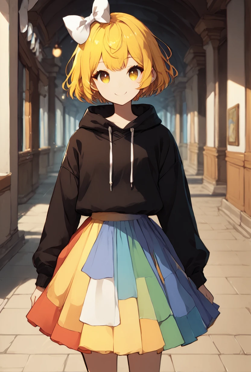 <lora:xmattarchan-06:1> xmattarchan, short hair, skirt, long sleeves, bow, black hoodie, yellow hair, white bow, multicolored skirt, looking at viewer, smiling, <lora:Fang_Inspection_Day-PonyXL-1024px:1> fiday, score_9, score_8_up, score_7_up, masterpiece, best quality