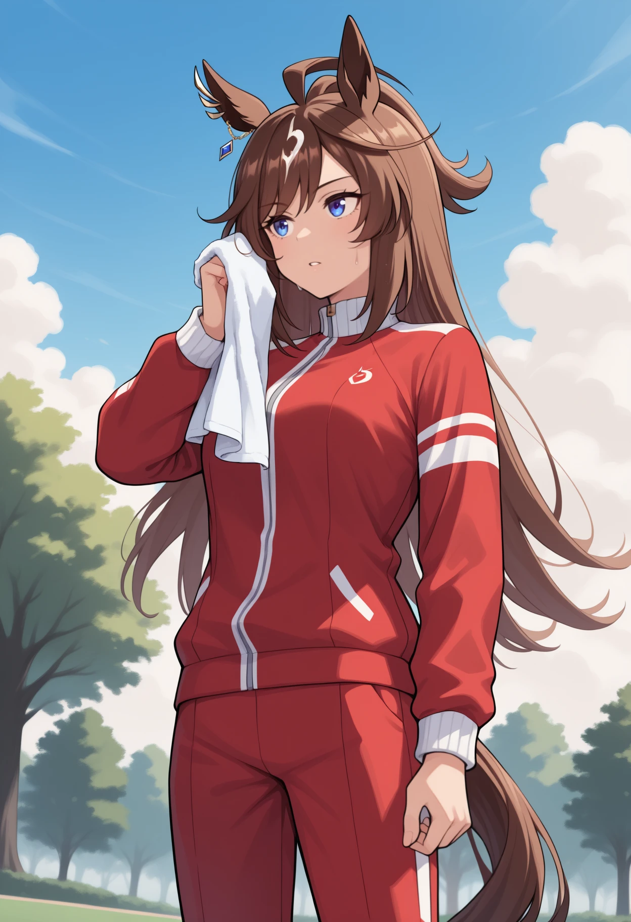 masterpiece, best quality, <break> solo, 1girl, duram3nte, horse tail, sweat, parted lips, looking away, standing, wiping sweat, holding towel, long hair, streaked hair, brown hair, white hair, ahoge, hair between eyes, horse ears, ear ornament, blue eyes, track suit, red jacket, track jacket, long sleeves, red pants, outdoors, blue sky, cloud, park, tree
<segment:yolo-Anzhc Face seg 640 v2 y8n.pt,0.4,0.5//cid=1>