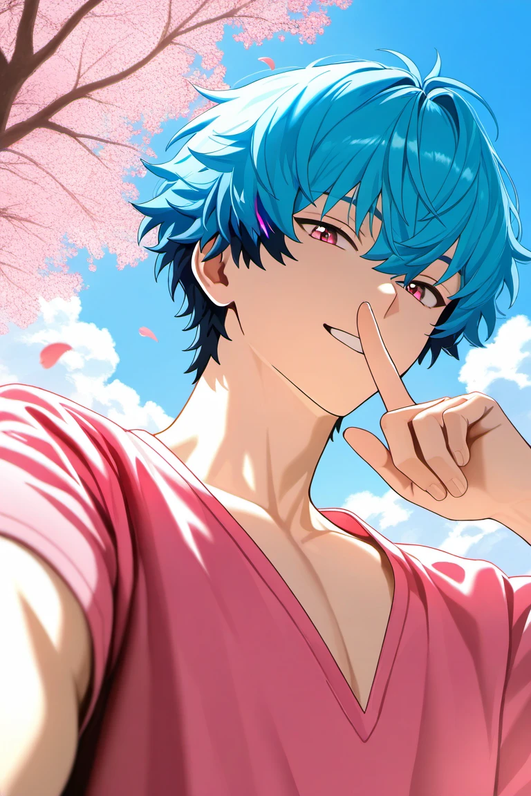 anime coloring, selective coloring, realistic shading, day, natural lighting, shushing, cloud, floating petal, cherry blossom, male focus, selfie, 1arm outstretched, looking at viewer, expressive face, smiling, BrantWUWA, greenish blue-pink_BrantWUWA_multicolored hair, purplish pink_BrantWUWA_eyes, shirt, oversized arm, 1boy, outdoors, from below, dutch angle, intricately detailed illustration, depth of field, masterpiece, best quality, amazing quality, very aesthetic, absurdres, newest