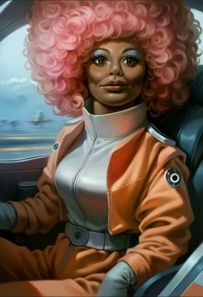 score_9_up, score_8_up, score_7_up, score_6_up, 1girl, solo, kate_k, afro, pink hair, brown eyes, dark-skinned female, pilot suit, makeup, sitting in a cockpit, science fiction, smile, (realistic, painted art)