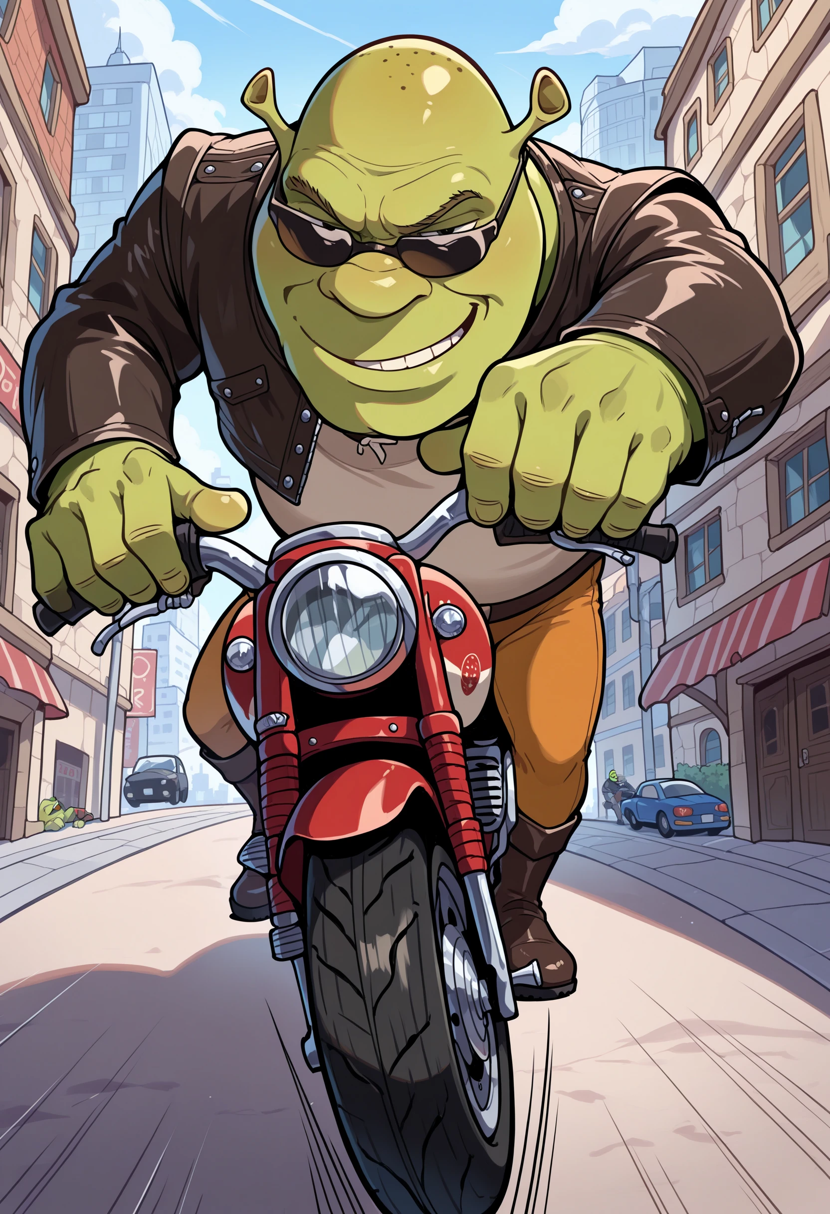 masterpiece, best quality, newest, absurdres, highres, masterpiece, best quality, 1boy, shrek, bald, green skin, <lora:Shrek_illusXL_Incrs_v1:1>, sunglasses, smirk, motor vehicle, on motorcycle, leather jacket, full body, leather boots, motion lines, driving, foreshortening, city, (jumping:0.5),