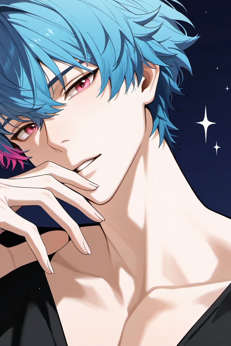 anime coloring, selective coloring, realistic shading, sparkle, close-up, beauty shot, male focus, hands with five fingers, looking at viewer, expressive face, head tilt, parted lips, BrantWUWA, greenish blue-pink_BrantWUWA_multicolored hair, purplish pink_BrantWUWA_eyes, collarbone, black shirt, 1boy, simple plain blue background, intricately detailed illustration, depth of field, best quality, amazing quality, very aesthetic, absurdres, newest